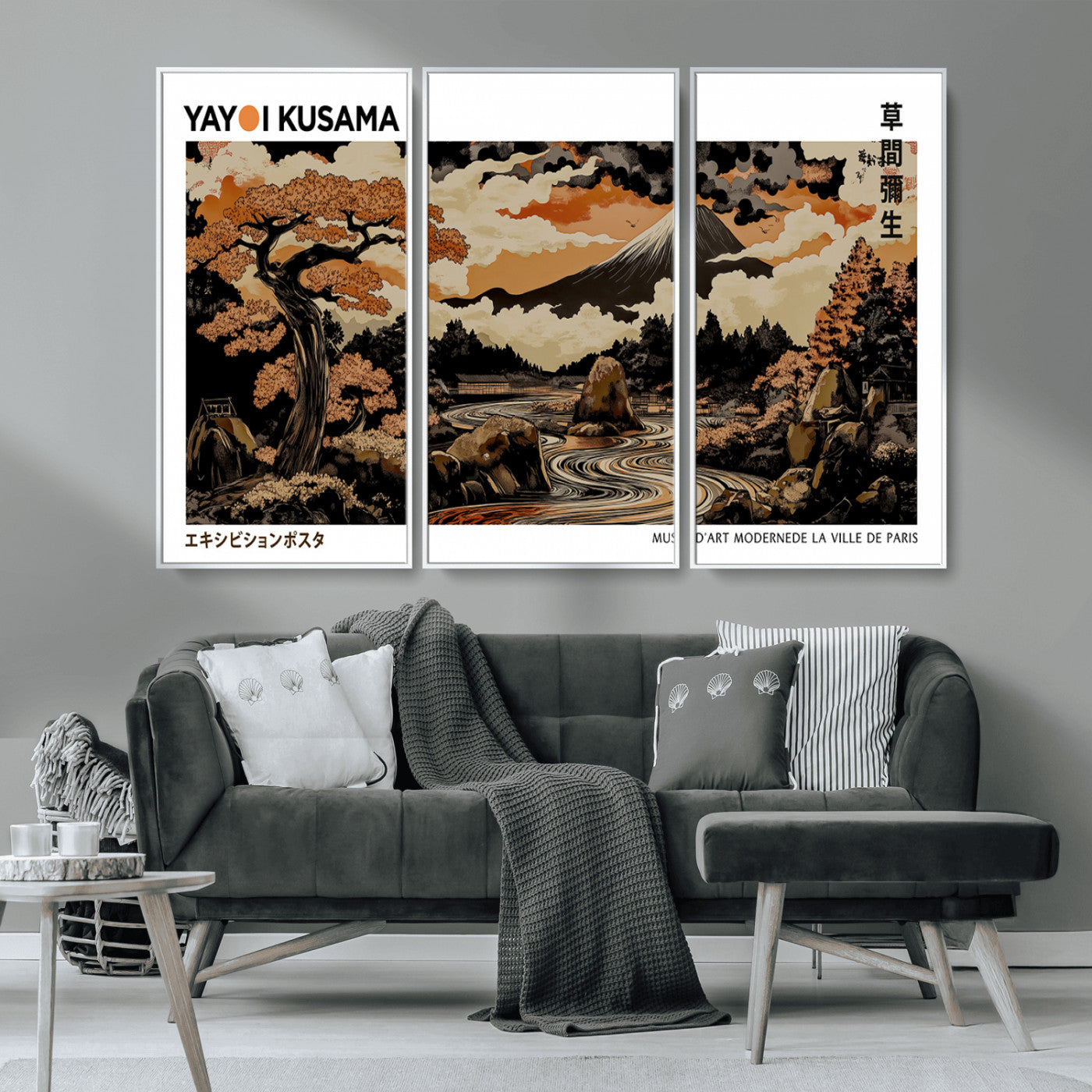 96372548-MGV-CV-36X24-Japanese Landscape Wall Art Print – Mt. Fuji Poster with Bonsai Tree & River, Ukiyo-e Inspired Modern Japanese Artwork, Autumn