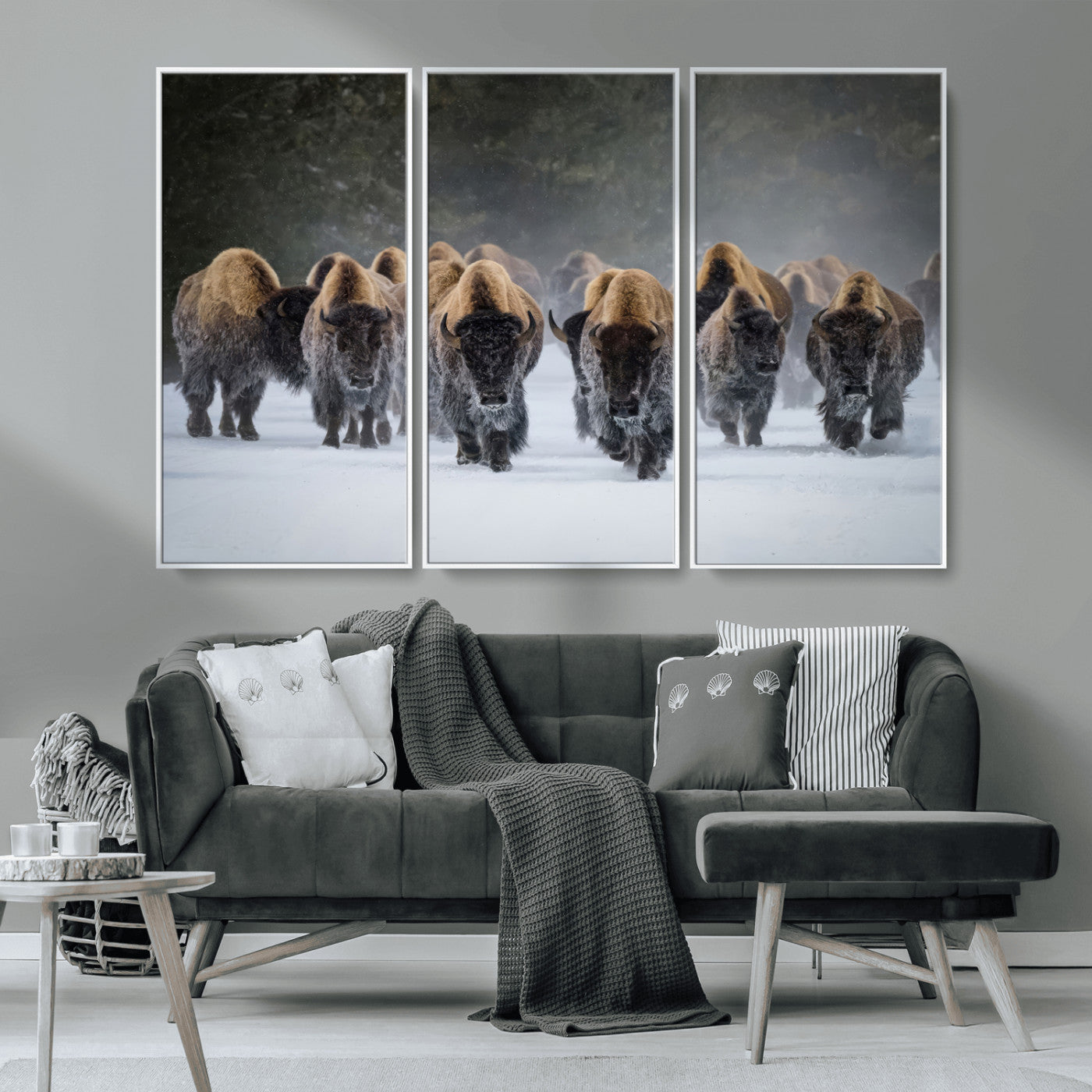 41669135-MGV-CV-36X24-Bison Herd Scene Wall Art Canvas Print, Framed Rustic Wildlife Decor Art Picture Print, Snowy Bison Landscape Perfect Rustic