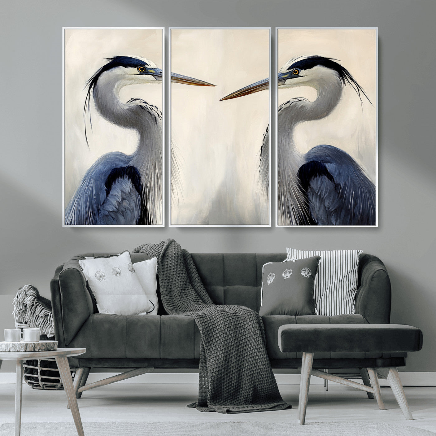 18230556-MGV-CV-36X24-Blue Heron Pair Wall Art Canvas Print, Framed Coastal Bird Theme Art Picture Print, Tranquil Wildlife Scene Perfect Coastal