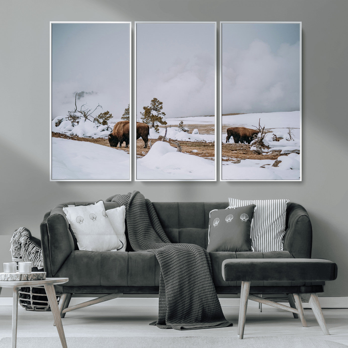 60308289-MGV-CV-36X24-Bison Wildlife Wall Art Canvas Print, Framed Snowy Prairie Art Picture Print, Western Landscape Perfect Rustic Winter Decor