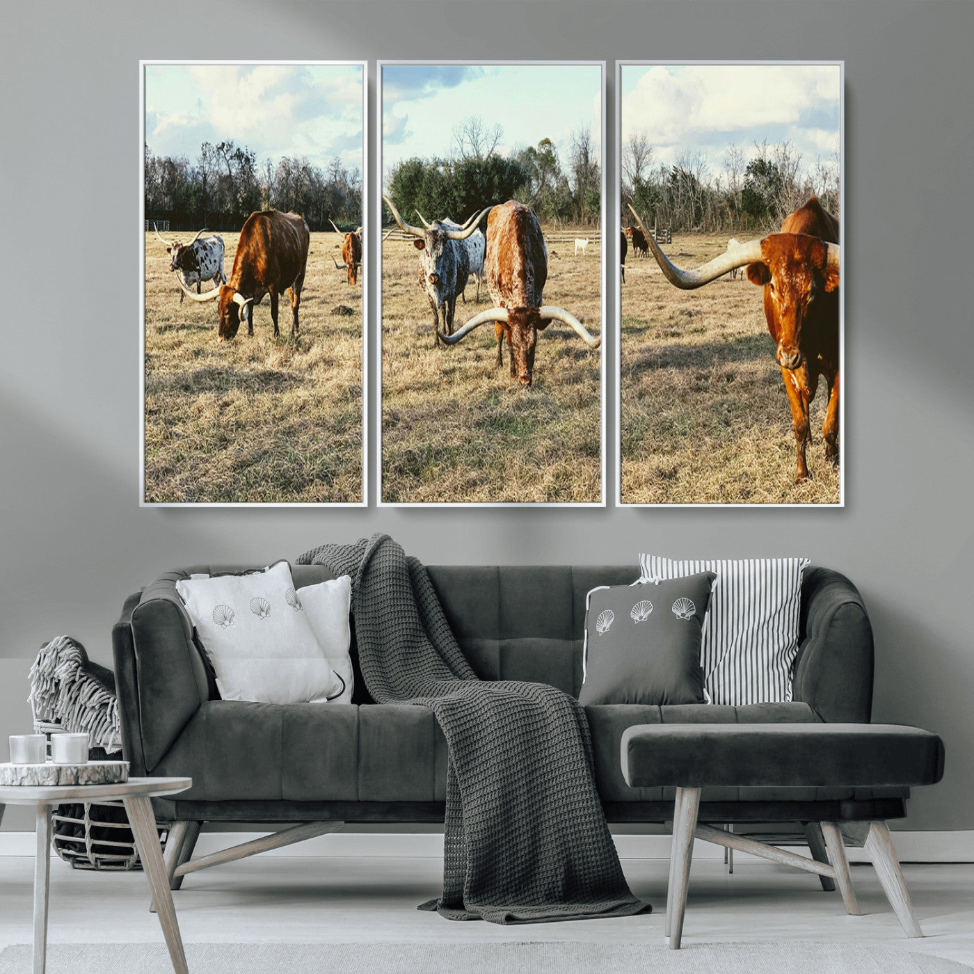 39144651-MGV-CV-36X24-Texas Longhorns Wall Art Canvas Print, Framed Rustic Farm Scene Art Picture Print, Western Cattle Perfect Rustic Farmhouse Decor