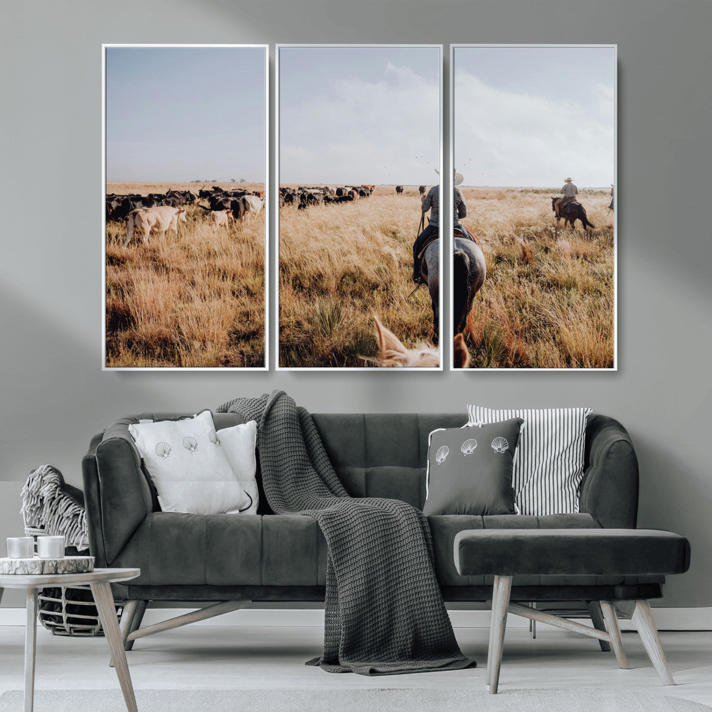 22431577-MGV-CV-36X24-Western Wall Art Wall Art Canvas Print, Framed Cowboy Canvas Art Picture Print, Cattle Drive Scene Perfect Rustic Western Decor