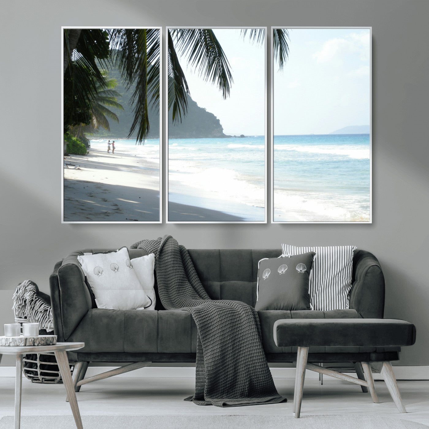 18311030-MGV-CV-36X24-Tropical Beach Wall Art Canvas Print, Framed Serene Ocean Art Picture Print, Palm Tree Shadows Perfect Tropical Coastal Decor