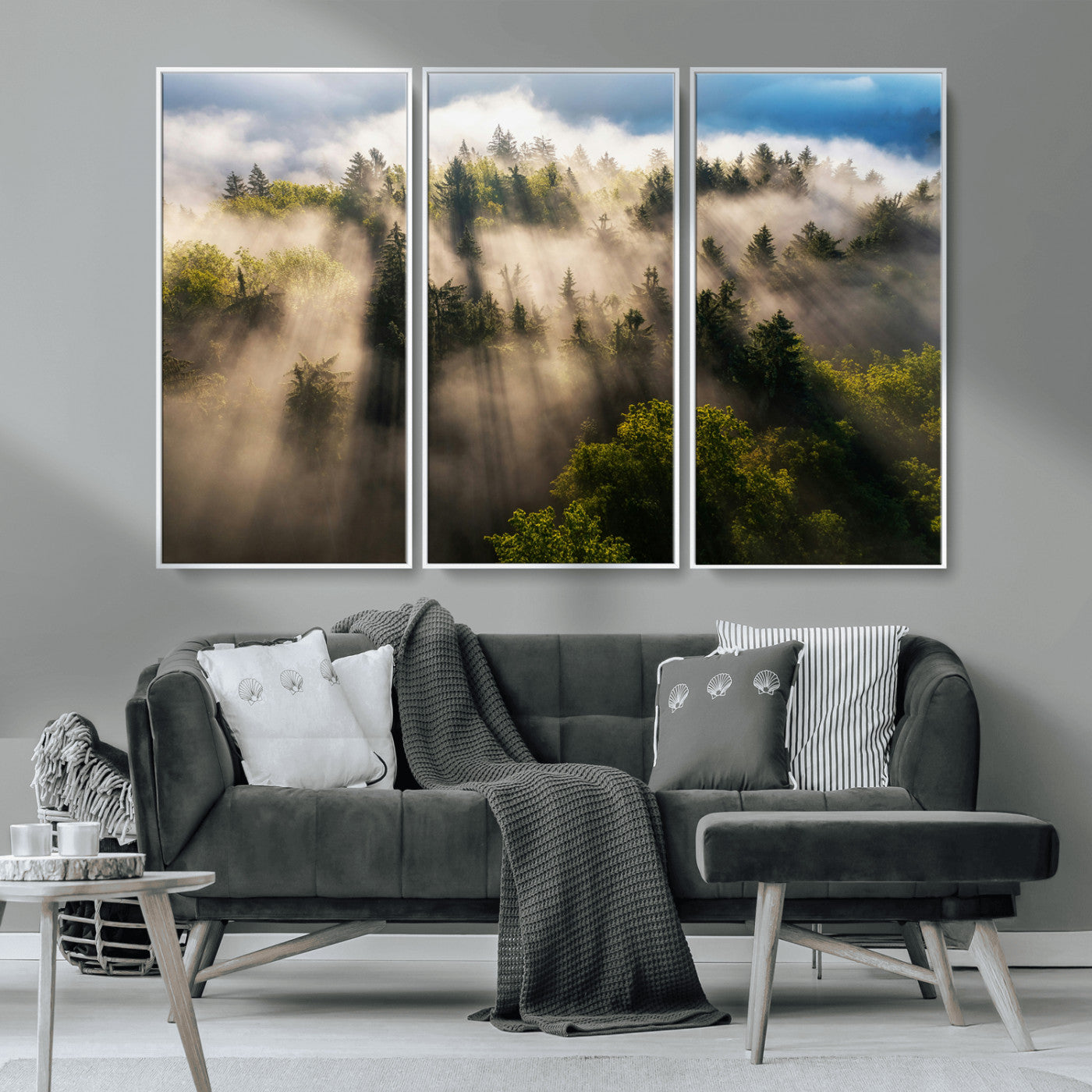 14785710-MGV-CV-36X24-Tranquil Forest Scene Wall Art Canvas Print, Framed Sunbeam Through Trees Art Picture Print, Moody Green Wall Art Perfect