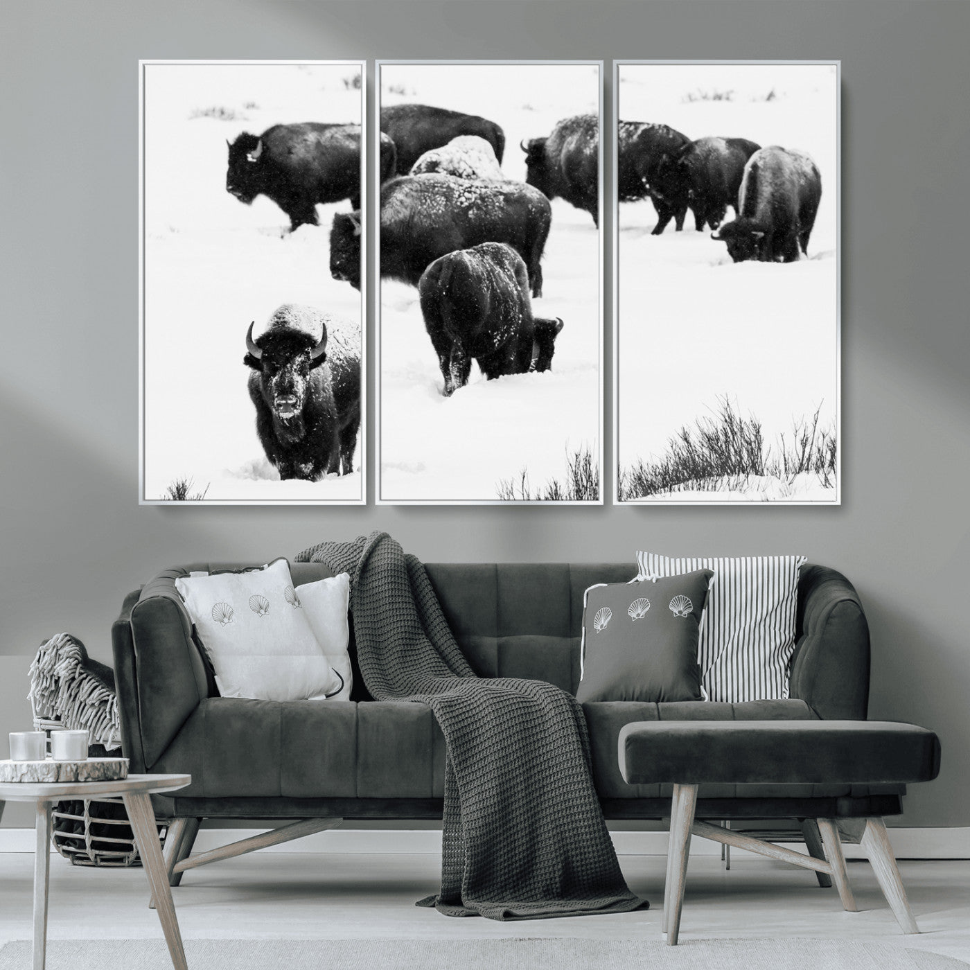 18914414-MGV-CV-36X24-Buffalo Herd Wall Art Canvas Print, Framed Black and White Art Picture Print, Snowy Landscape Perfect Rustic Lodge Decor Decor