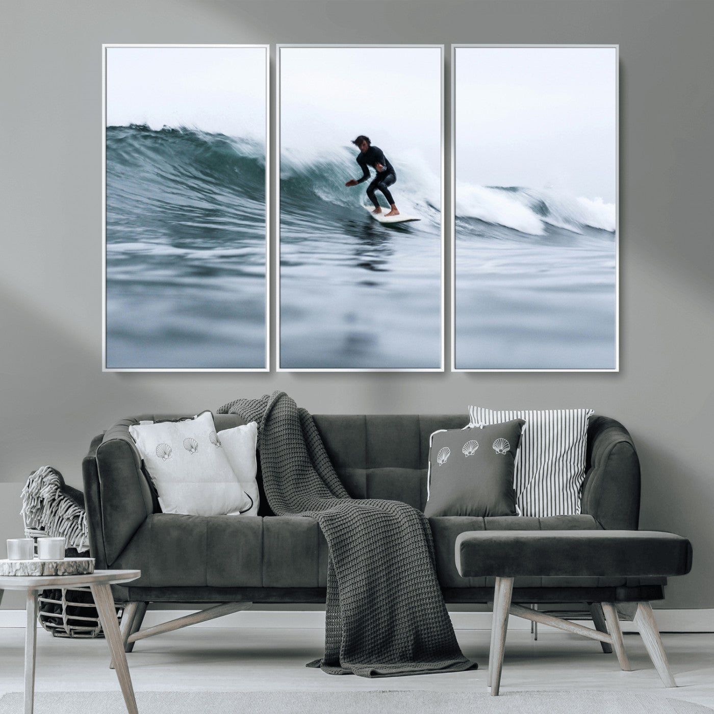 11693607-MGV-CV-36X24-Surfer on Wave Wall Art Canvas Print, Framed Ocean Adventure Art Picture Print, Motion Blur Water Perfect Coastal Adventure Decor