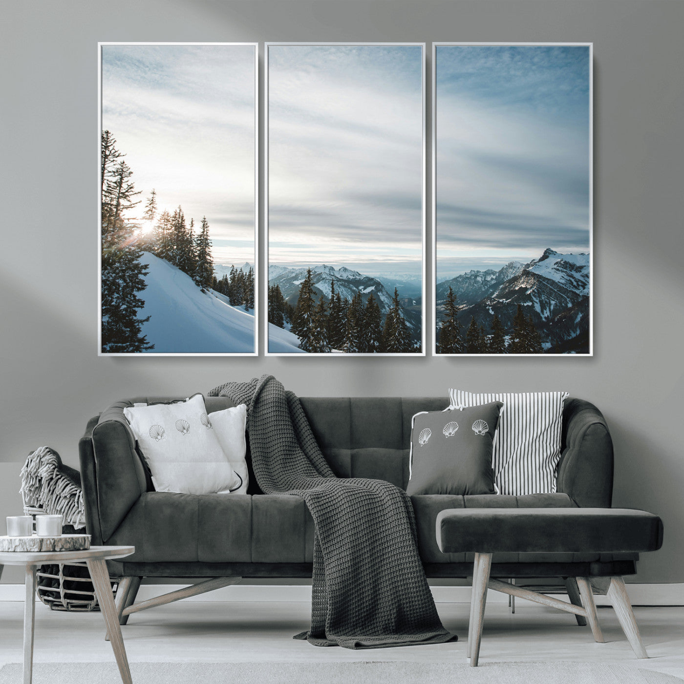 55564749-MGV-CV-36X24-Snowy Mountains Wall Art Canvas Print, Framed Alpine Landscape Art Picture Print, Frosty Peaks Perfect Nordic Minimalist Decor