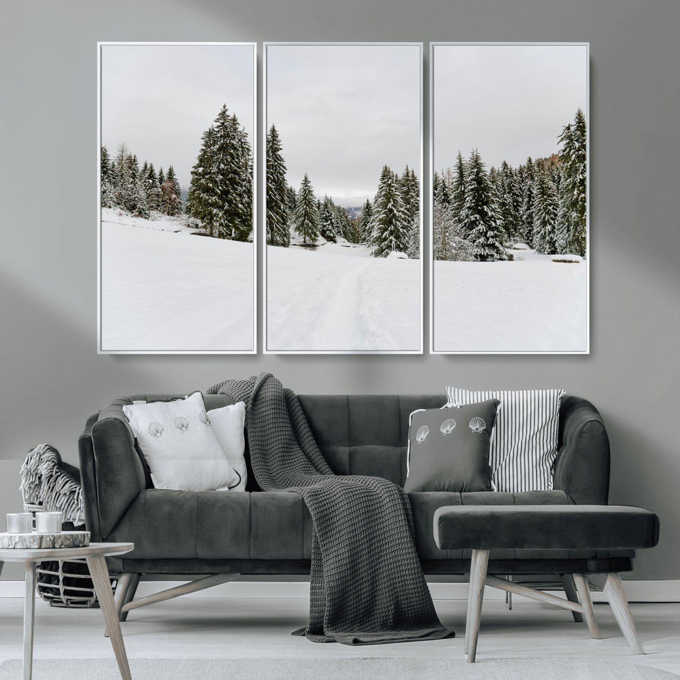 24581417-MGV-CV-36X24-Frosty Pines Wall Art Canvas Print, Framed Silent Snowfall Art Picture Print, Cozy Cabin Vibes Perfect Nordic Minimalist Decor