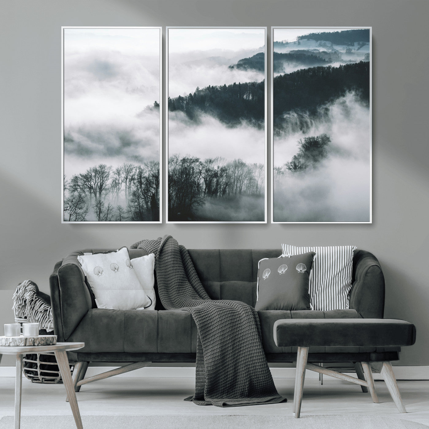 67569654-MGV-CV-36X24-Foggy Forest Wall Art – Mist Covered Hills and Trees Landscape Canvas Print, Moody Nature Photography Decor for Living Room,