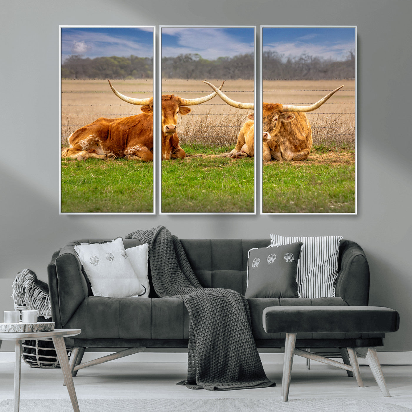 54598515-MGV-CV-36X24-Texas Longhorns Wall Art – Rustic Cattle Ranch Canvas Print, Western Farmhouse Animal Photography Decor for Living Room, Office,