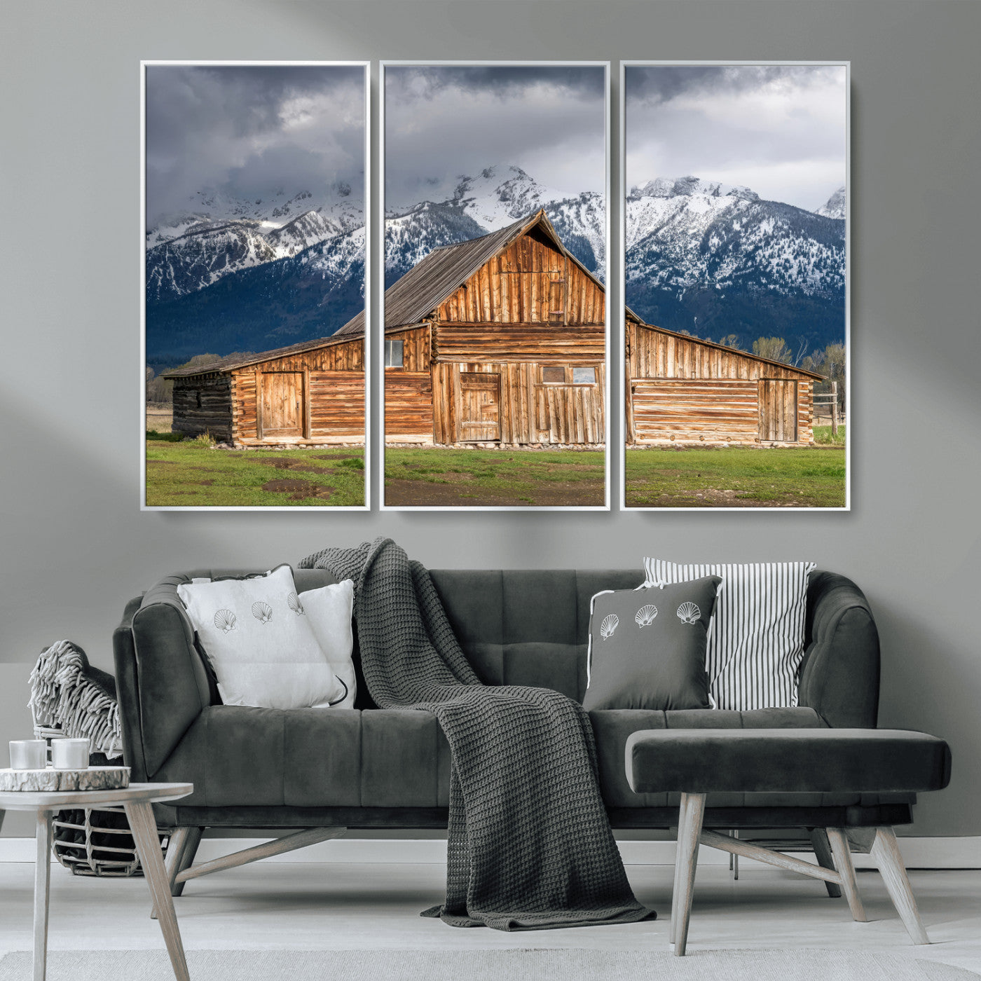 15173627-MGV-CV-36X24-Barn Wall Art – Rustic Wooden Cabin Canvas Print with Snowy Mountain Landscape, Western Farmhouse Country Decor for Living Room,