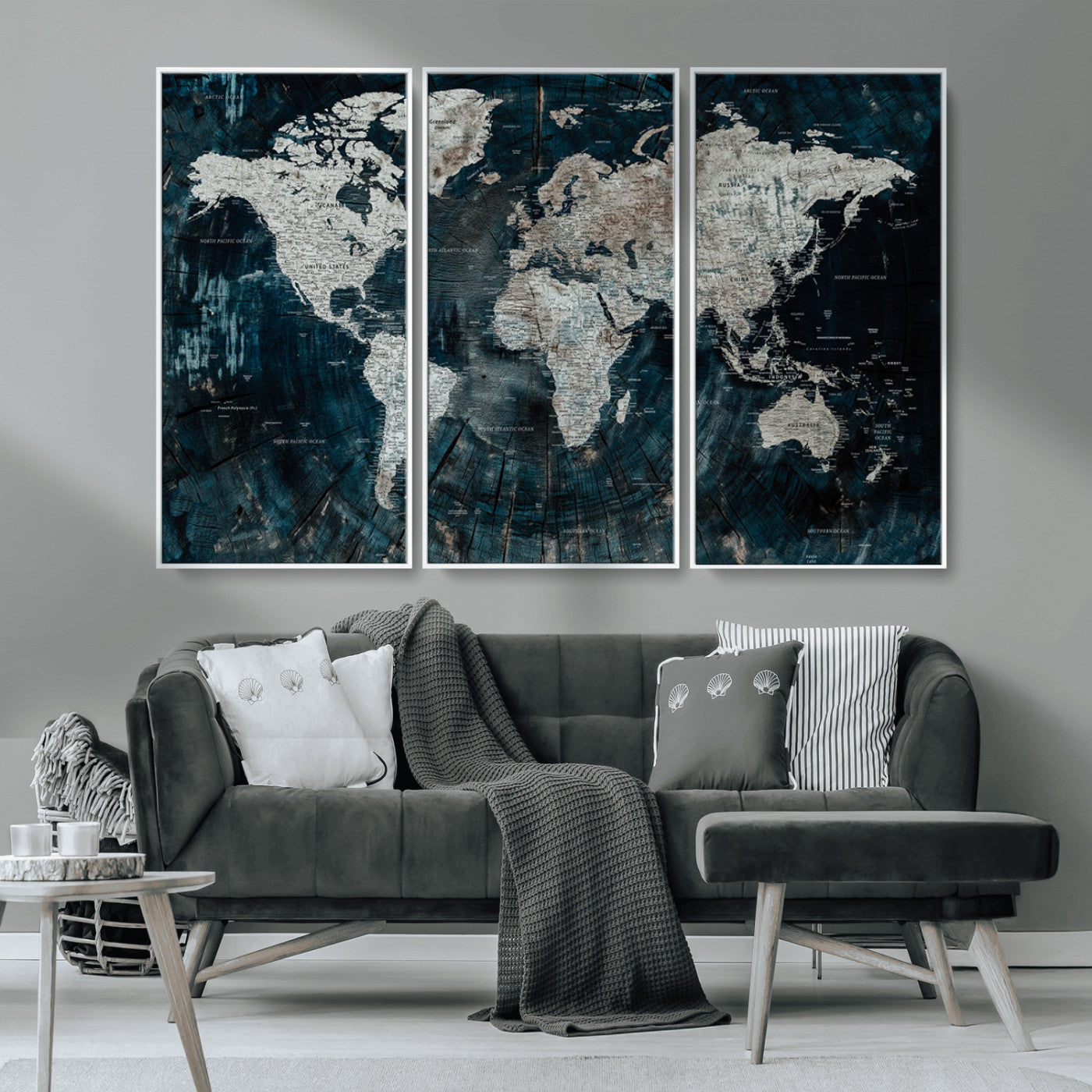 34425609-MGV-CV-36X24-World Map Wall Art – Rustic Navy and Grey Atlas Canvas Print, Distressed Explorer Map Artwork, Industrial Style Decor for Office,