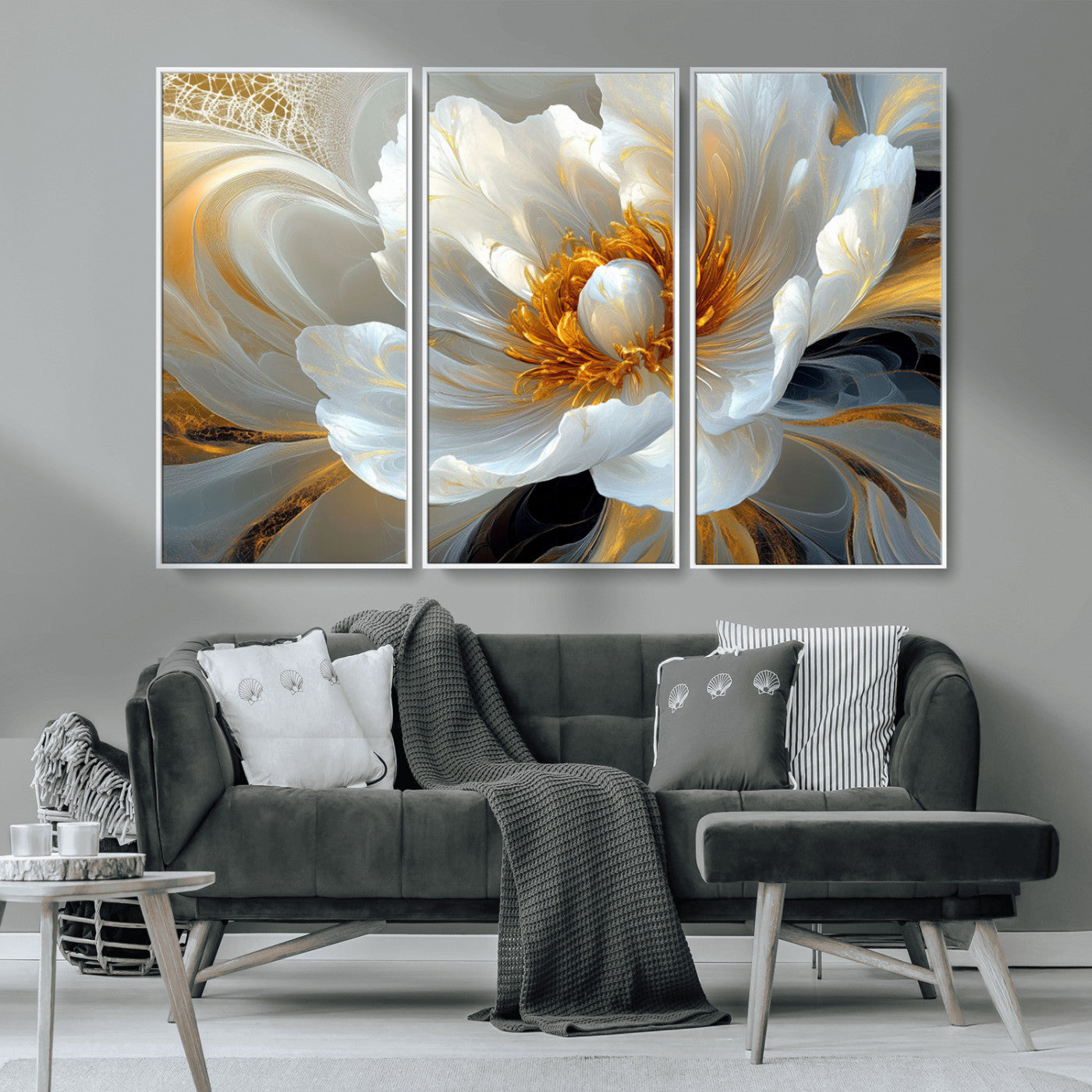 39604126-MGV-CV-36X24-Abstract Flower Wall Art – Elegant White and Gold Bloom Canvas Print, Modern Floral Artwork for Bedroom, Living Room, or Office