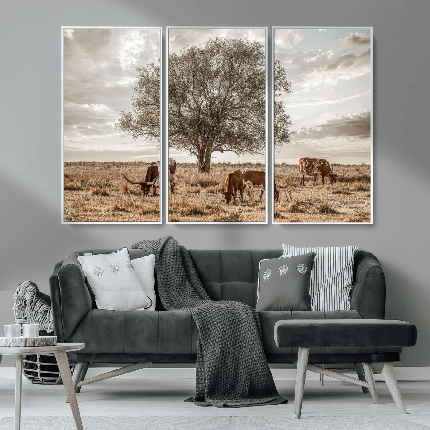 87590224-MGV-CV-36X24-Longhorn Cattle Wall Art – Rustic Western Landscape Canvas Print, Texas Farmhouse Prairie Scene for Living Room, Office, or Ranch