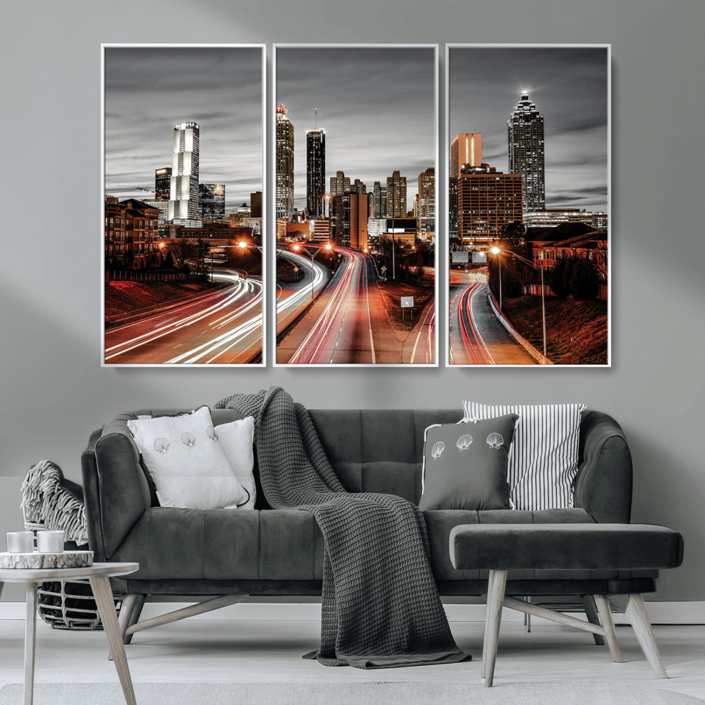 59097239-MGV-CV-36X24-City Skyline Wall Art – Modern Black and White Night Canvas Print with Red Light Trails, Urban Landscape Decor for Living Room or