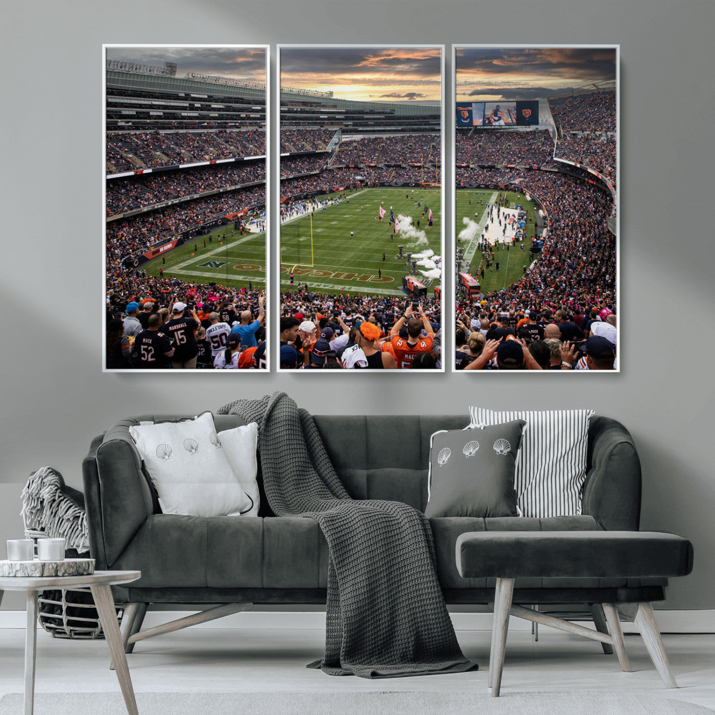 87578930-MGV-FC-48X32-3P_White-Soldier Field Wall Art – Chicago Bears Football Stadium Sunset Canvas Print, Game Day Sports Decor for Man Cave, Bar, Office, or