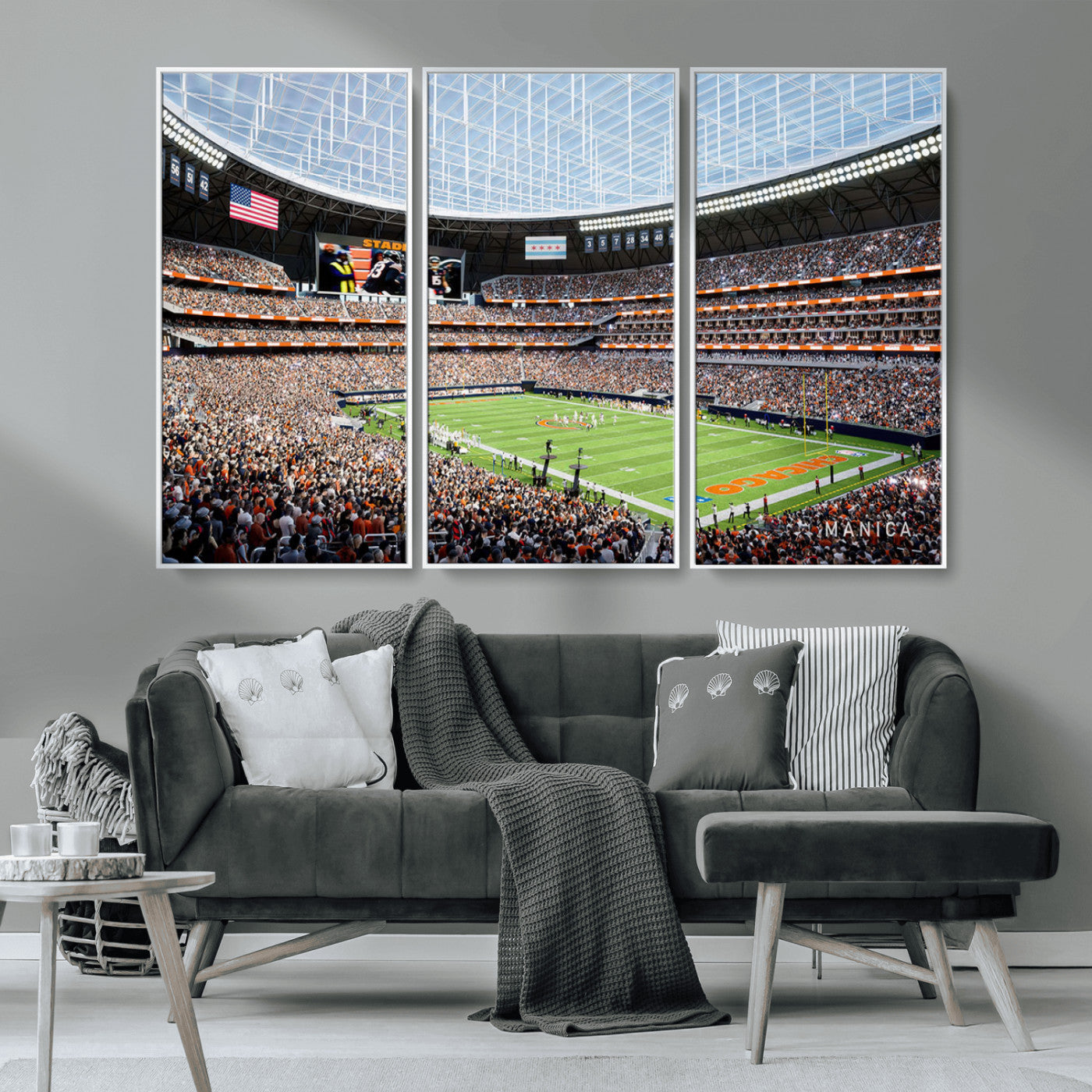 32530647-MGV-CV-36X24-Chicago Bears Stadium Wall Art – Futuristic Dome Arena Canvas Print, Modern Football Concept Design Decor for Man Cave, Bar, or