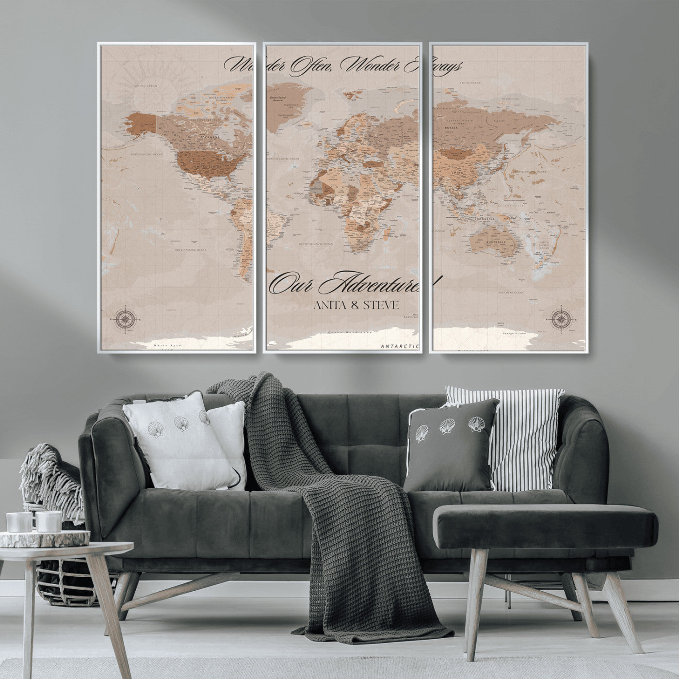 95243244-MGV-CV-36X24-Wander Often Wonder Always World Map Wall Art – Neutral Beige Adventure Canvas Print, Rustic Boho Travel Decor for Bedroom, Living