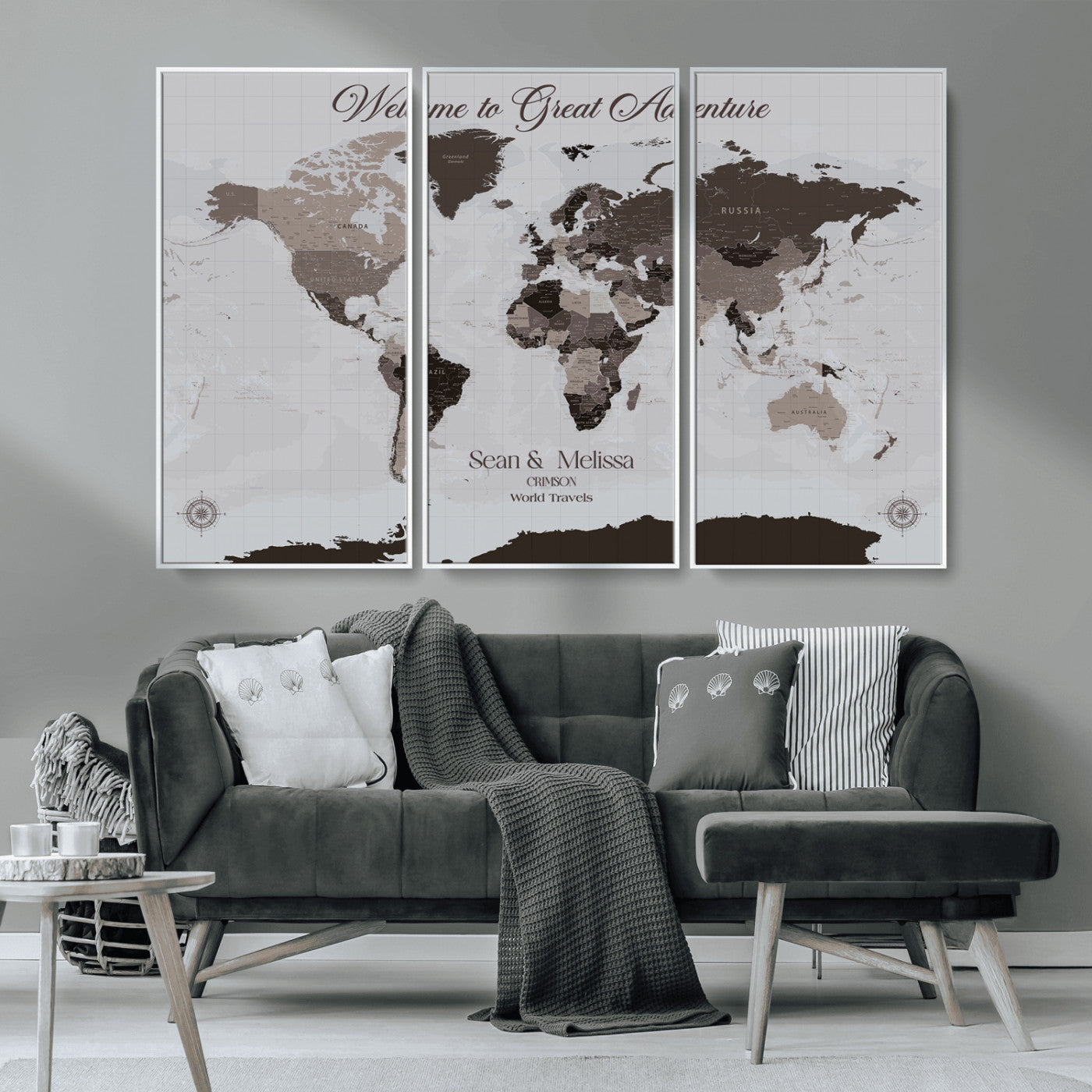 43749658-MGV-CV-36X24-Welcome to Great Adventure World Map Wall Art – Charcoal Gray Canvas Print, Rustic Travel Decor for Living Room, Study, Office or