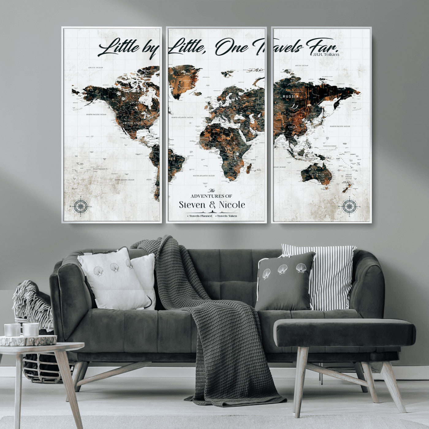 88337180-MGV-CV-36X24-Little by Little One Travels Far Tolkien Quote World Map Rustic Black Brown Adventure Wall Art Canvas Print for Home Office Living