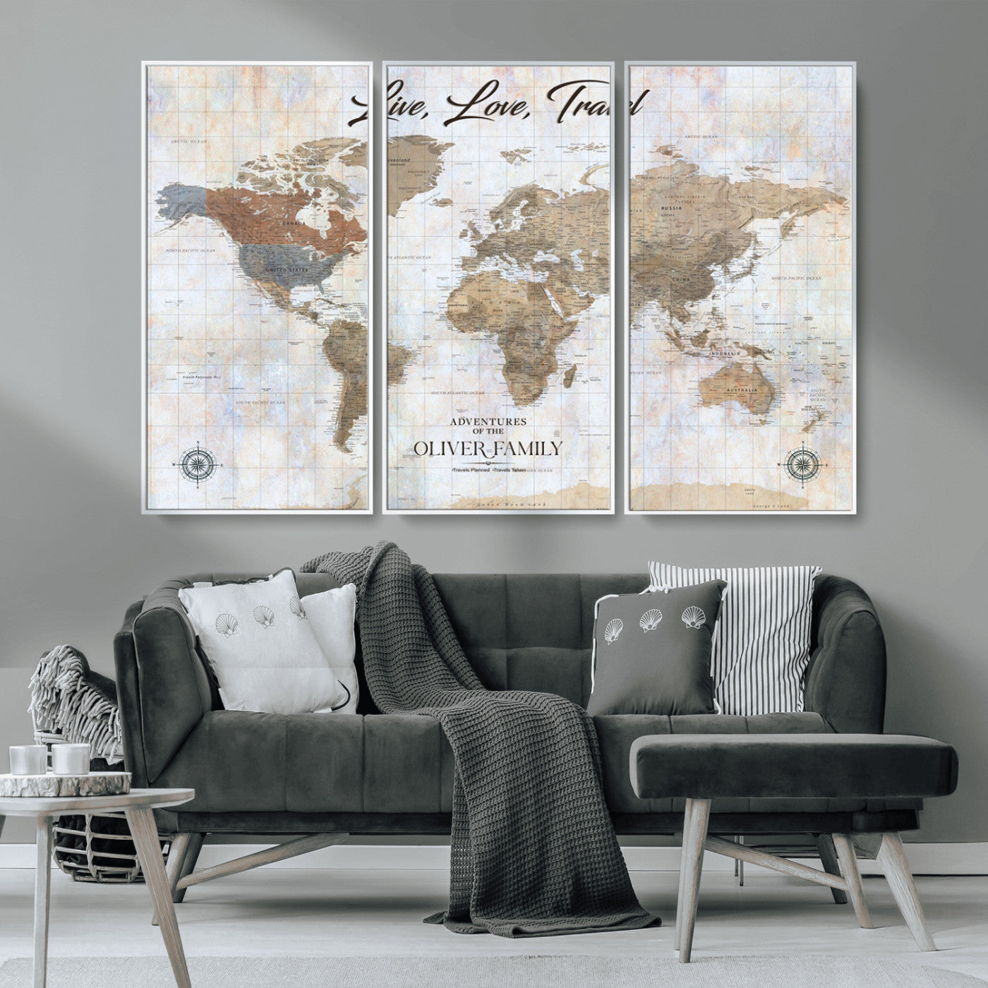 43924907-MGV-CV-36X24-Live Love Travel Wall Art – Neutral World Map Canvas Print, Rustic Adventure Decor for Home, Office or Living Room, Unique Gift