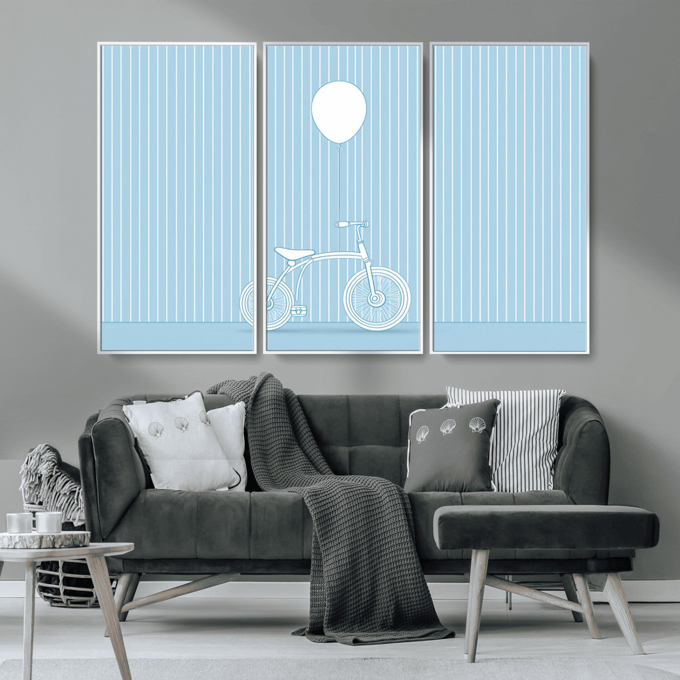 56479838-MGV-CV-36X24-Bicycle Wall Art – Minimalist Blue Canvas Print with Balloon Illustration, Modern Decor Artwork for Kids Room, Nursery, or Living