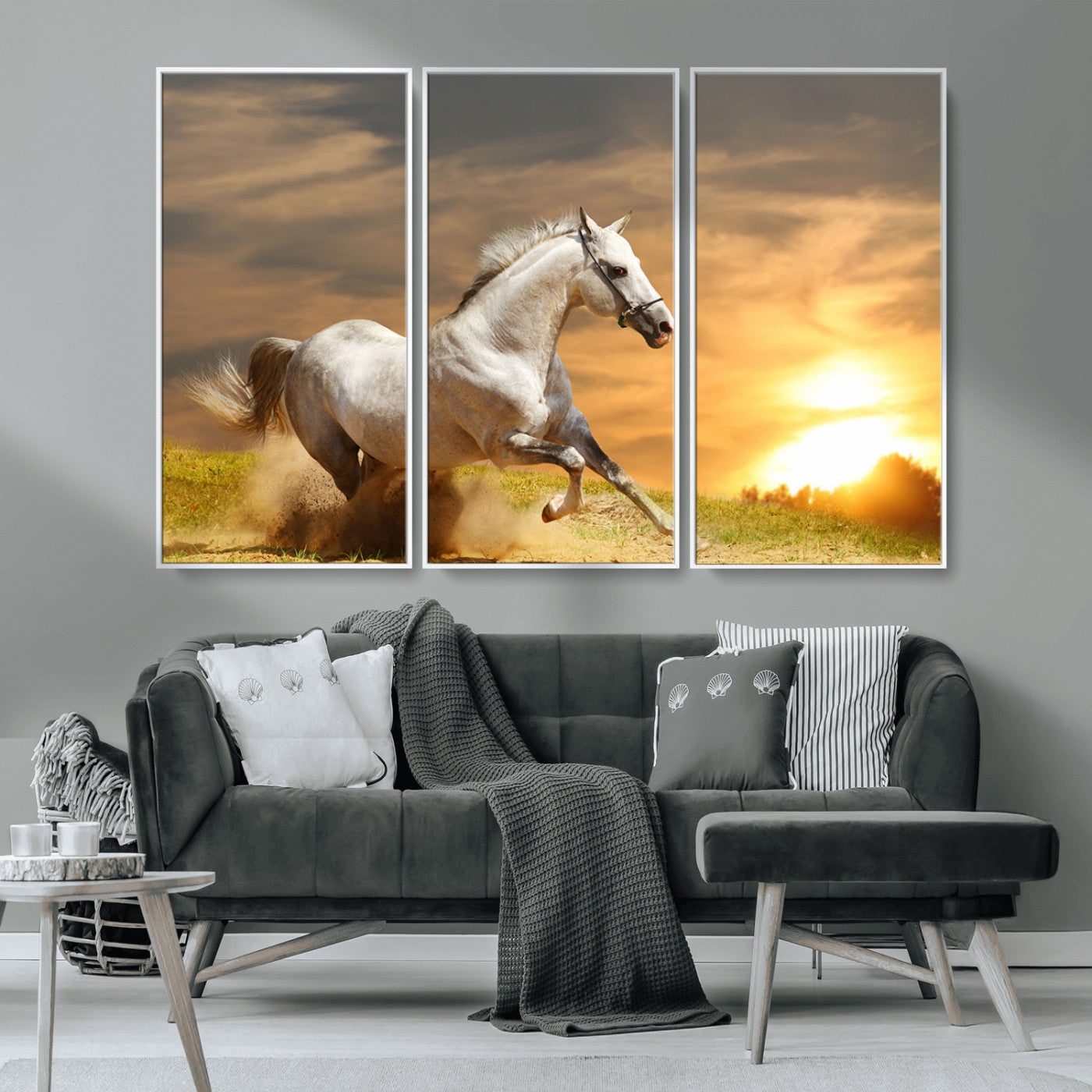 44295212-MGV-CV-36X24-Horse Wall Art – Running White Stallion Canvas Print with Sunset Background, Western Wildlife Decor for Living Room, Office, or