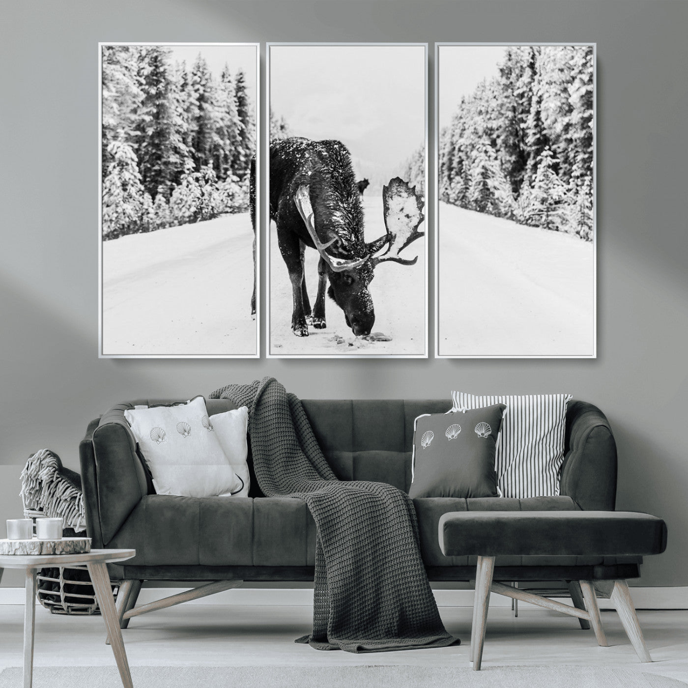 38956835-MGV-CV-36X24-Moose Winter Snowy Forest Canvas Wall Art – Wildlife Nature, Antlers in Frozen Landscape, Quiet Path, Cold Season Outdoors Print
