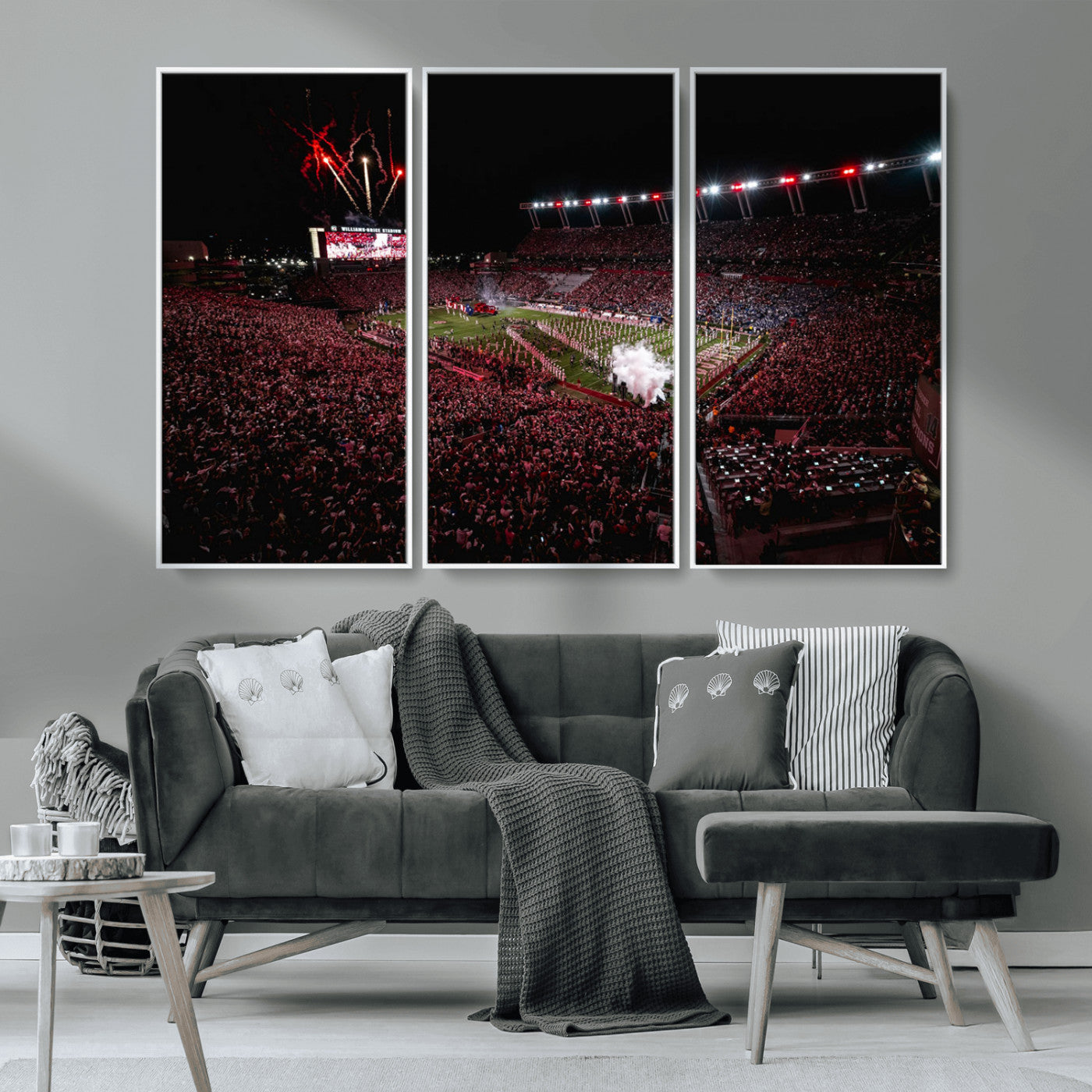 60690191-MGV-CV-36X24-Stadium Wall Art – Night Game Football Canvas Print with Fireworks, Marching Band and Crowd, Panoramic Sports Photography for Man