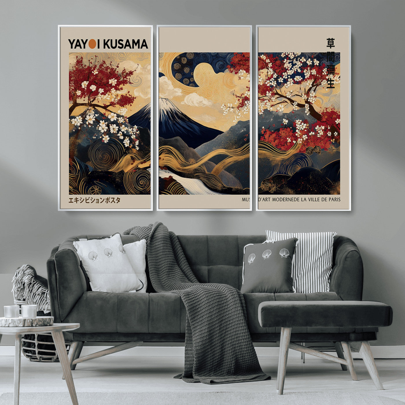 66892669-MGV-CV-36X24-Japanese Landscape Wall Art – Mount Fuji Canvas Print with Cherry Blossoms and Golden Waves, Traditional Asian Inspired Artwork
