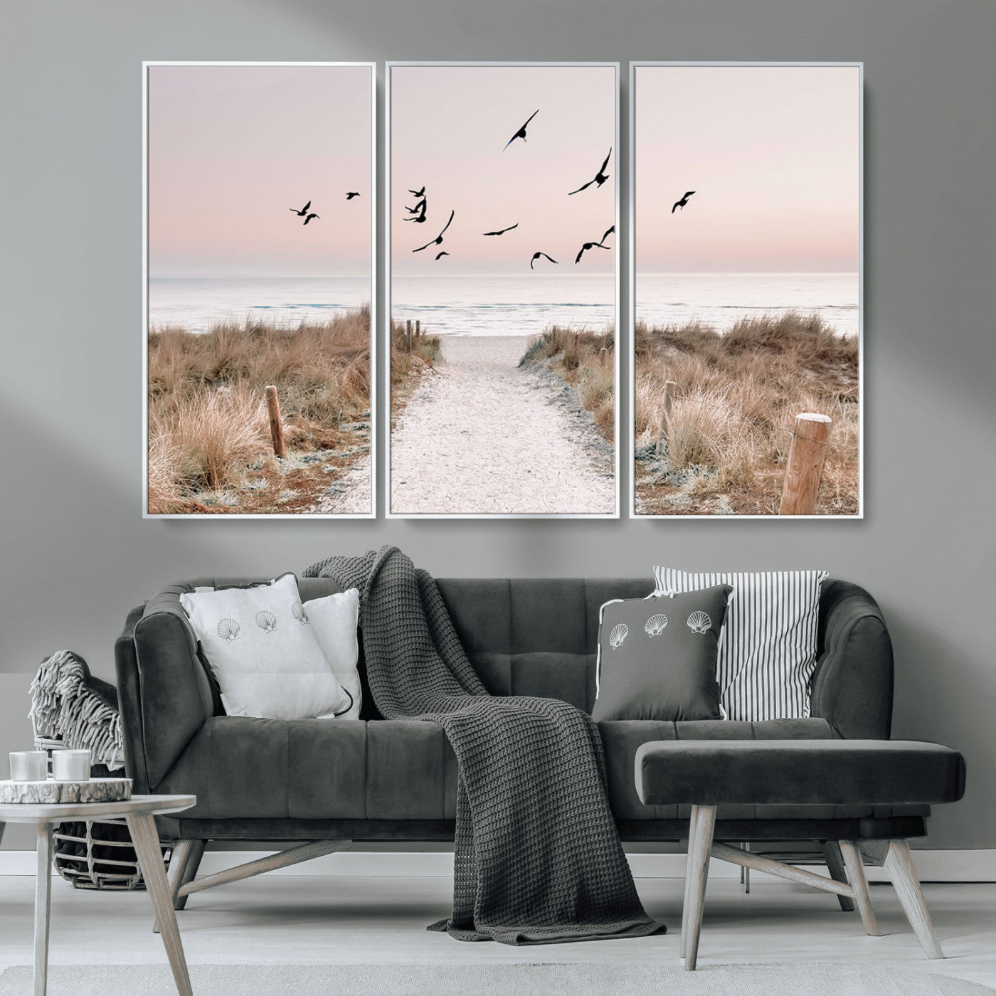 34632598-MGV-CV-36X24-Beach Pathway Wall Art – Coastal Canvas Print with Sandy Trail, Flying Birds and Pastel Sky, Serene Ocean Landscape Photography