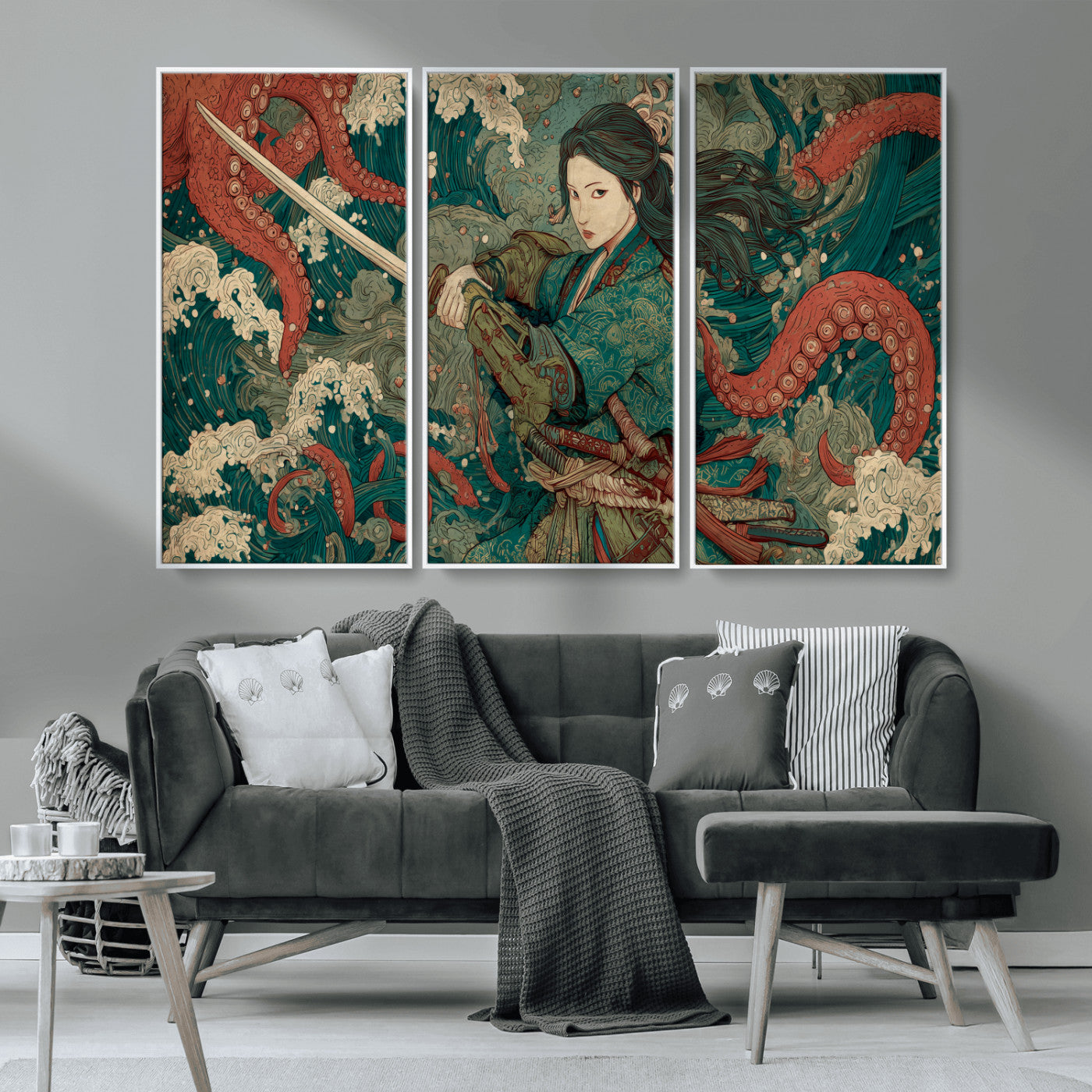 35461724-MGV-CV-36X24-Samurai Woman vs Octopus Wall Art – Japanese Ukiyo-e Ocean Waves Canvas Print, Red Tentacle Battle Artwork for Living Room,