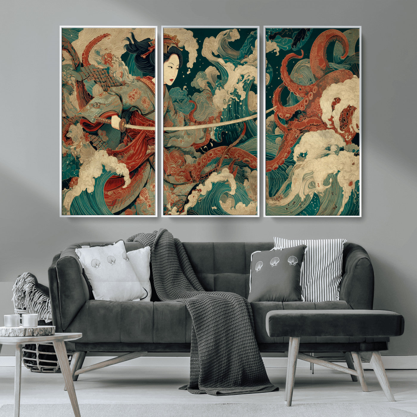 30212982-MGV-CV-36X24-Samurai Woman vs Octopus Wall Art – Japanese Ukiyo-e Style Warrior and Sea Monster Canvas Print, Mythology Inspired Artwork for