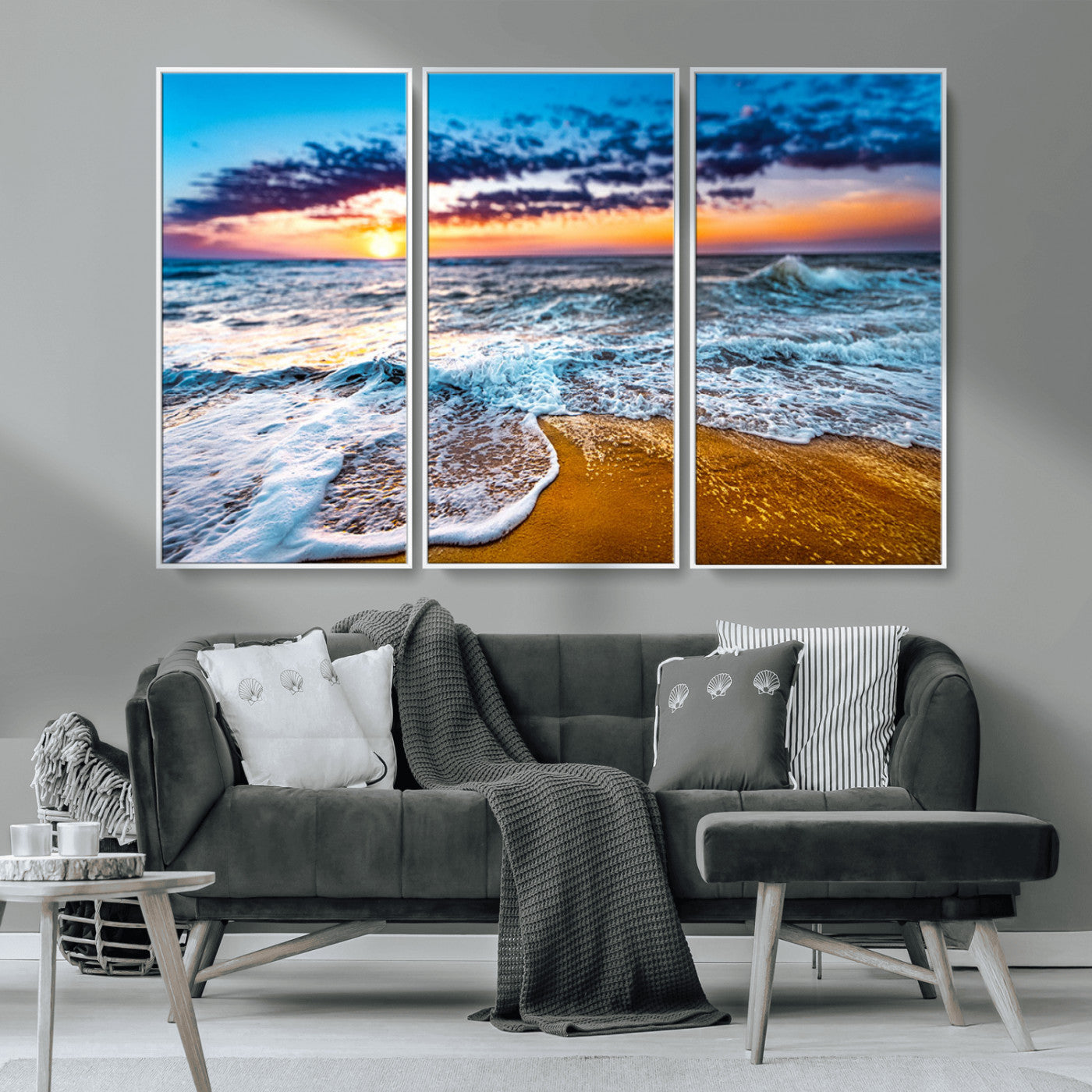24077769-MGV-CV-36X24-Sunset Beach Wall Art – Ocean Waves Canvas Print, Golden Shoreline Photography Coastal Decor for Living Room, Bedroom, Office,