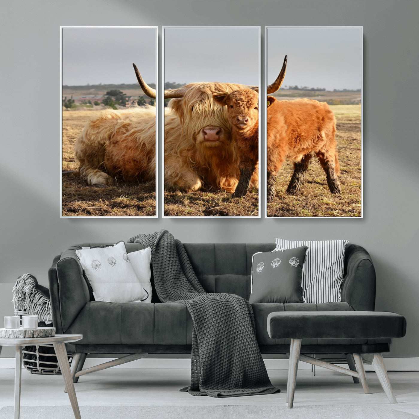 88780-MGV-CV-36X24-Highland Cow Wall Art Canvas Print, Framed Cow Calf Art Picture Print, Scottish Cattle Perfect Rustic Farmhouse Decor Artwork