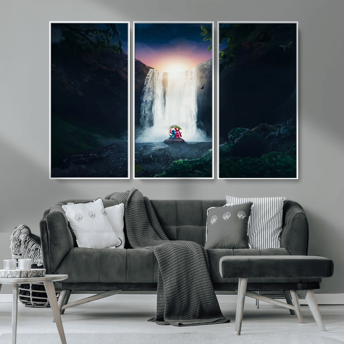 56359-MGV-CV-36X24-Lilo Stitch Wall Art Canvas Print, Framed Stitch Angel Art Picture Print, Cartoon Waterfall Perfect Tropical Fantasy Decor Artwork