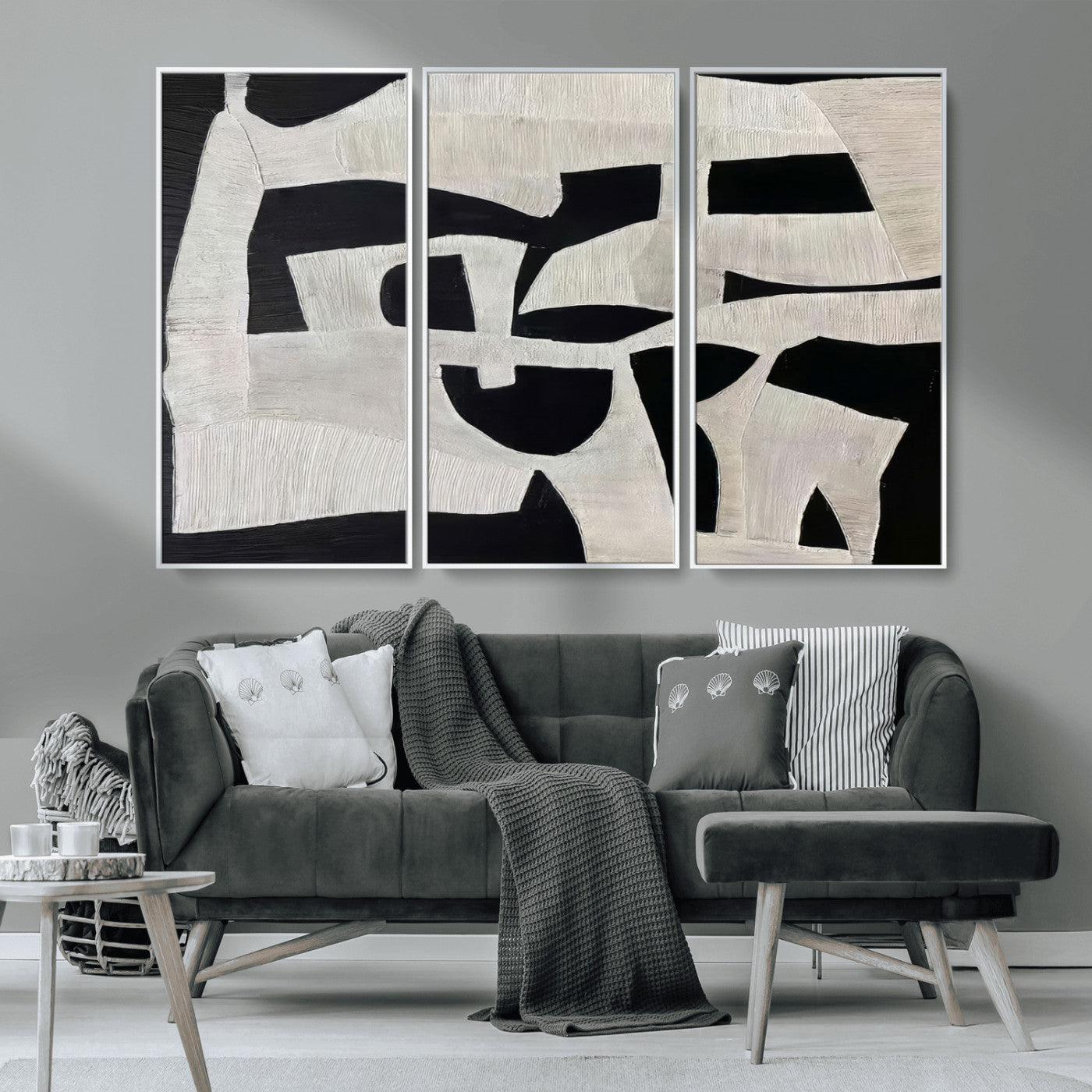 33714-MGV-CV-36X24-Monochrome Design Wall Art Canvas Print, Framed Modern Linework Art Picture Print, Textured Shapes Perfect Monochrome Modern Decor