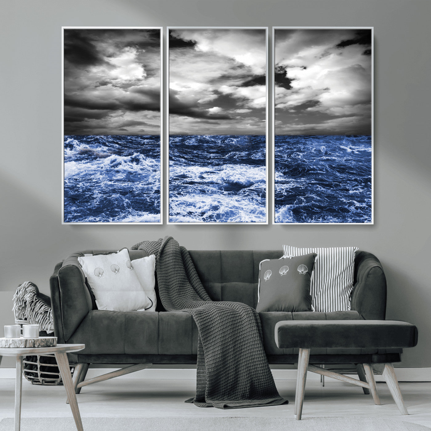 91043-MGV-CV-36X24-Stormy Ocean Wall Art Canvas Print, Framed Moody Seascape Art Picture Print, Monochrome Sea Perfect Coastal Drama Decor Artwork