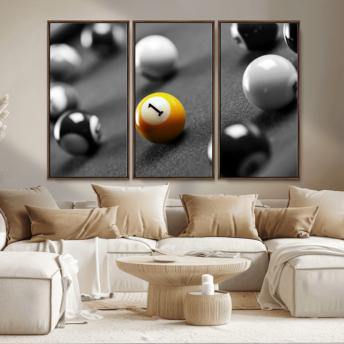 52108-MGV-CV-36X24-Precision Pool Table Wall Art – Close Up Yellow 1 Ball Canvas Print, Hand-Played Billiards Game Decor for Office, Game Room, or