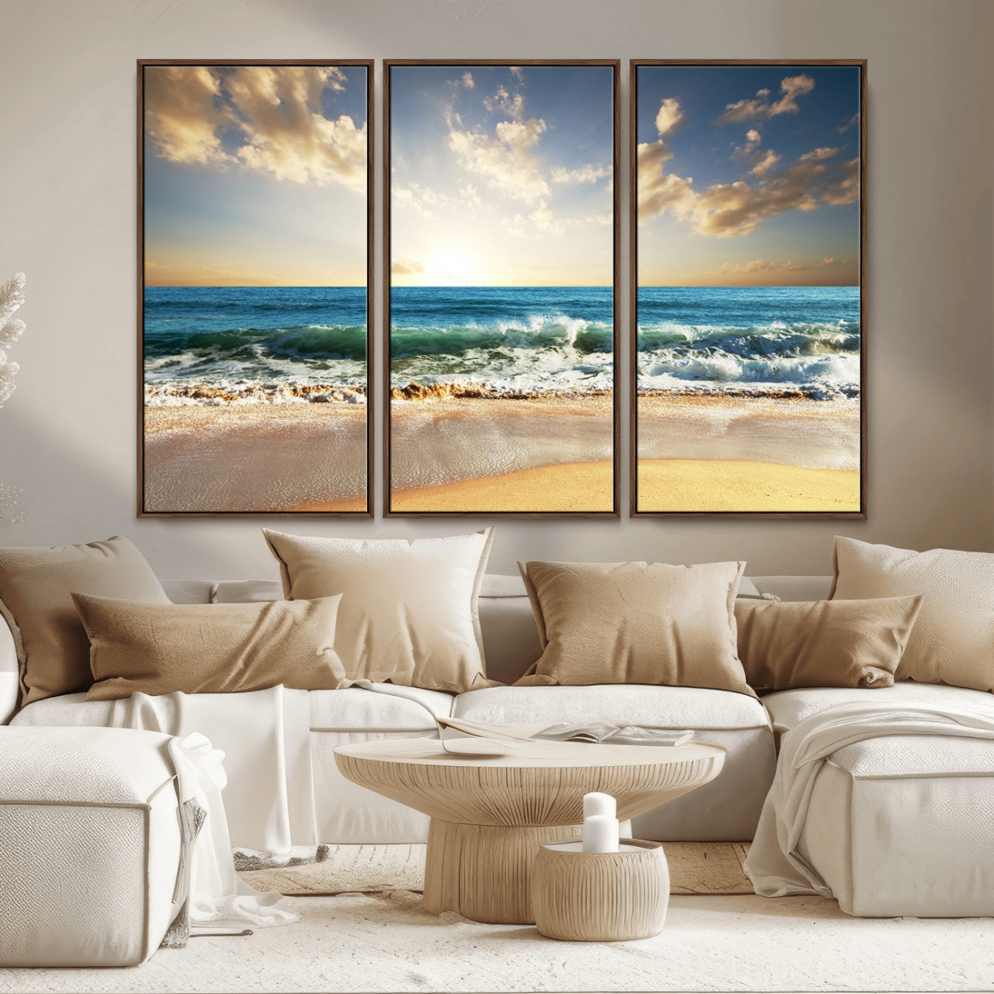 13139-MGV-CV-36X24-Sunrise Beach Wall Art – Ocean Waves and Golden Sand Canvas Print, Coastal Home Decor for Living Room, Bedroom, or Office