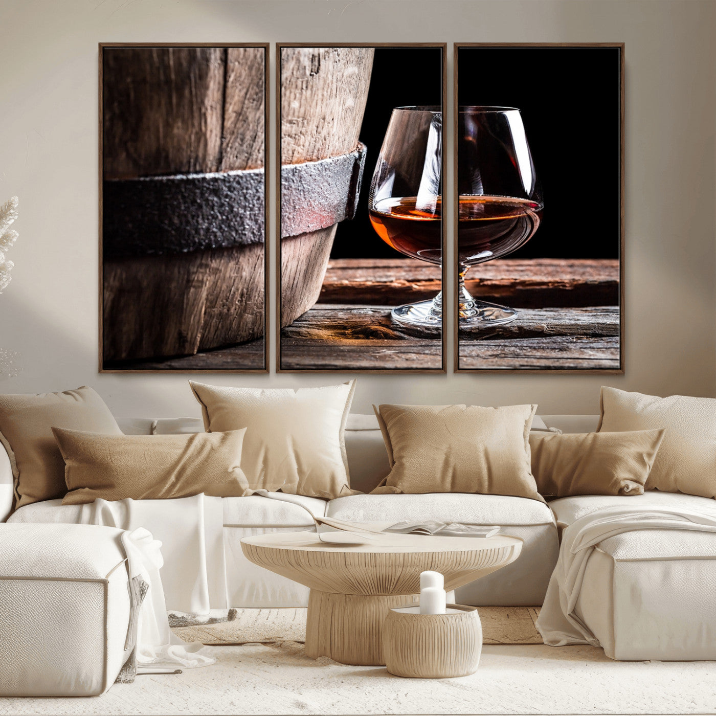 50839-MGV-CV-36X24-Barrel & Brandy Wall Art – Rustic Whiskey Barrel and Brandy Glass Canvas Print, Elegant Home Bar or Lounge Decor for Office, Man