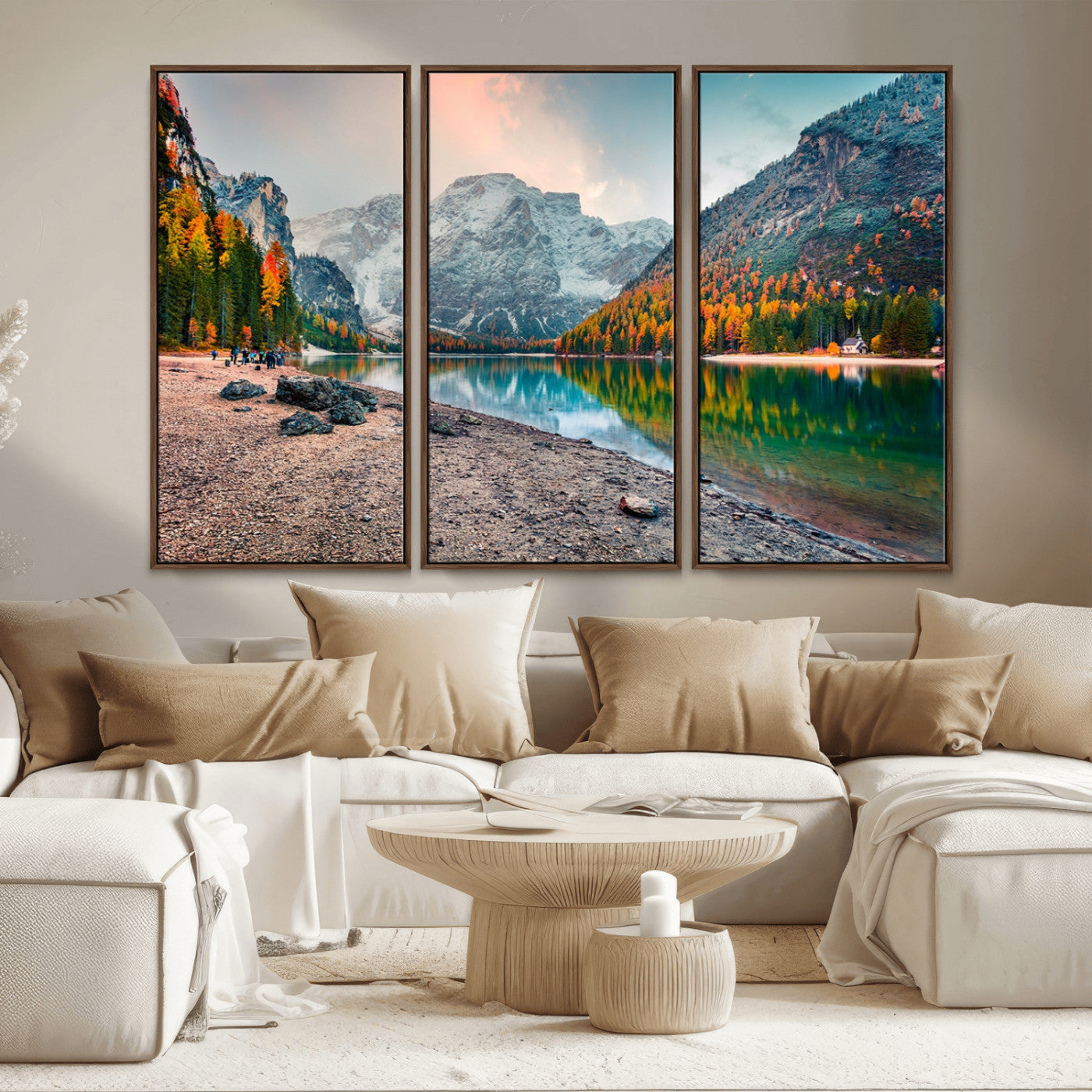25982-MGV-CV-36X24-Autumn Mountain Lake Wall Art – Panoramic Fall Foliage and Snowy Peaks Canvas Print, Scenic Nature Decor for Living Room or Office