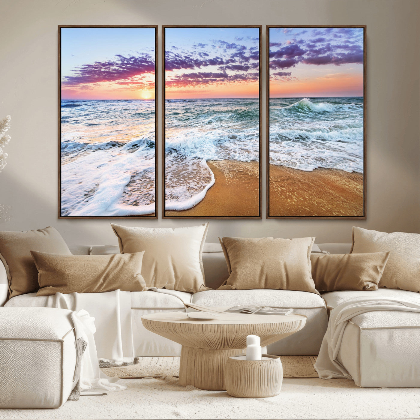 53006-MGV-FC-48X32-3P_Walnut-Ocean Beach Sunset Wall Art – Vibrant Seascape Canvas Print, Coastal Home Decor for Living Room, Bedroom, Office or Beach House