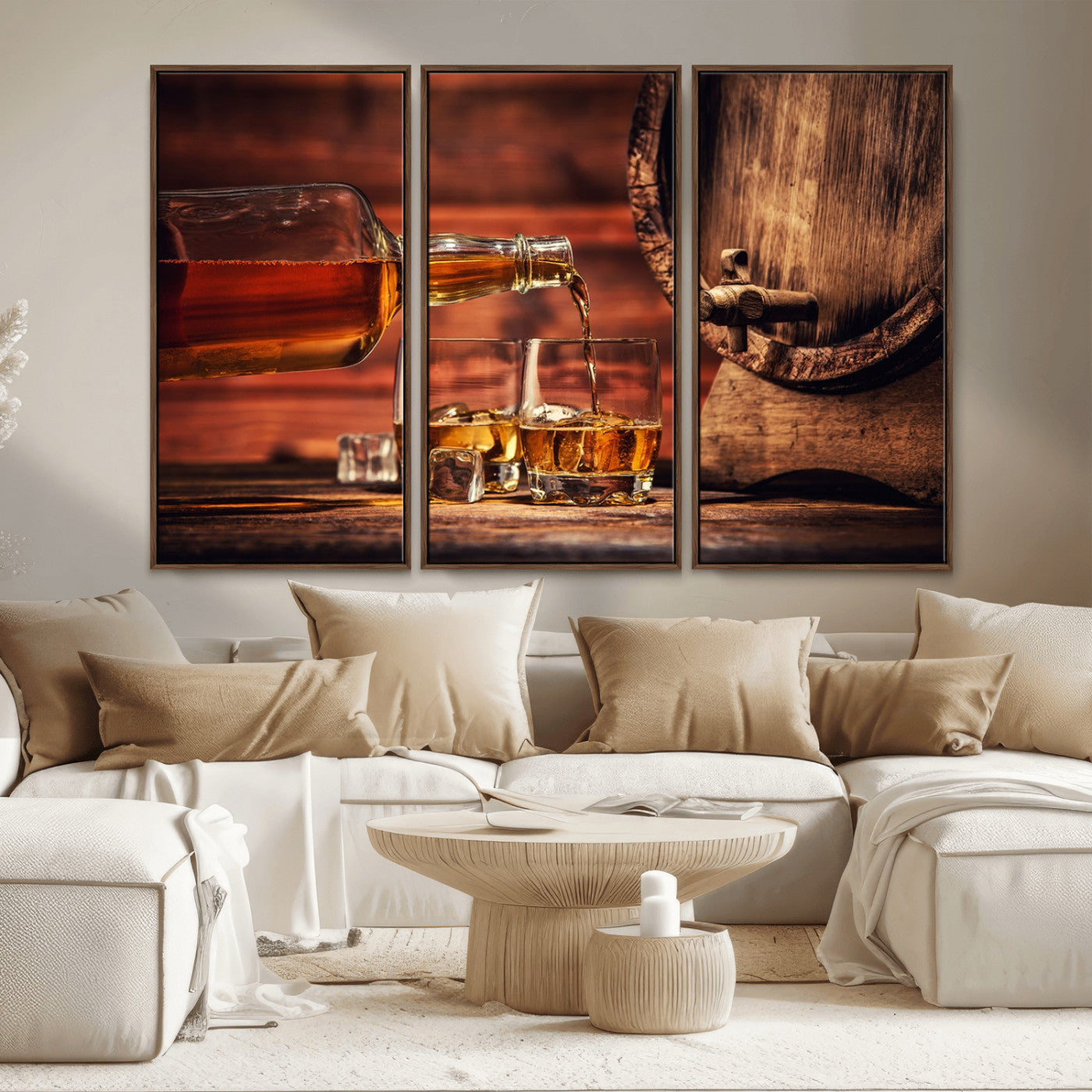 21266-MGV-CV-36X24-Pouring Whiskey into Glasses with Ice – Rustic Wooden Barrel Background, Warm Ambient Lighting, Ideal Decor for Home or Office