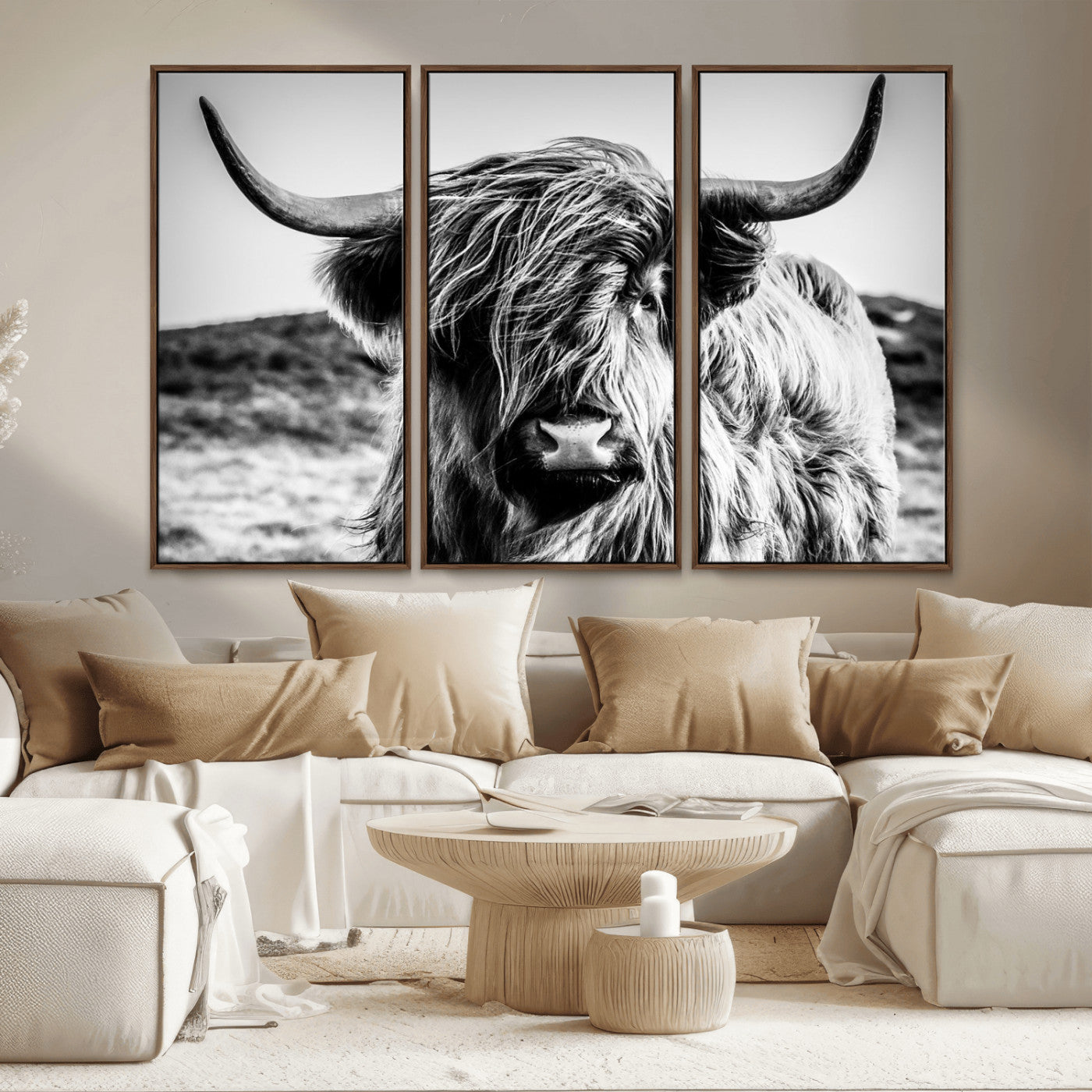 36979-MGV-CV-36X24-Striking black-and-white portrait of a Highland cow with flowing fur and majestic horns, perfect for rustic and elegant home or