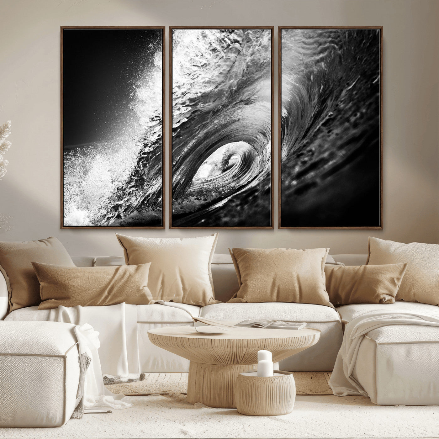 22702-MGV-CV-36X24-Black and White Ocean Wave Wall Art – Powerful Surf Curl Photography Canvas Print, Modern Coastal Decor for Living Room, Office or