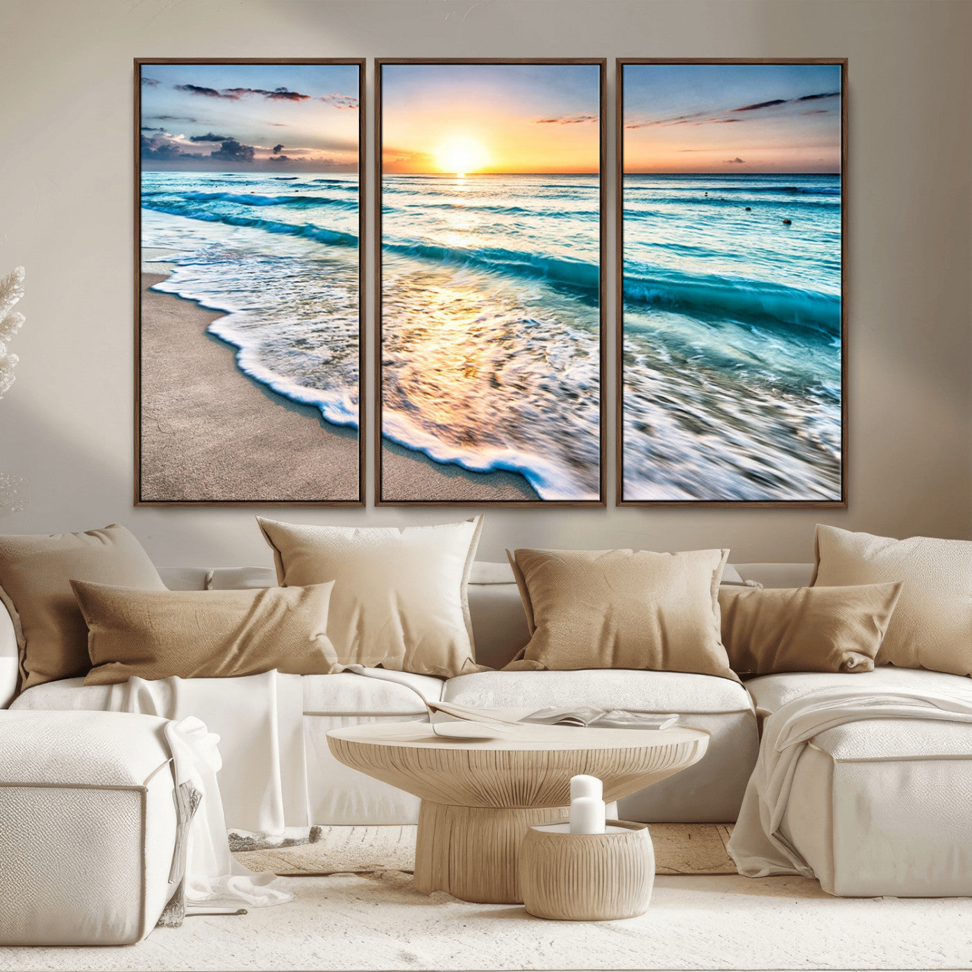 27815-MGV-CV-36X24-Ocean Sunrise Beach Wall Art – Serene Coastal Canvas Print with Waves and Golden Morning Light, Relaxing Seascape Decor for