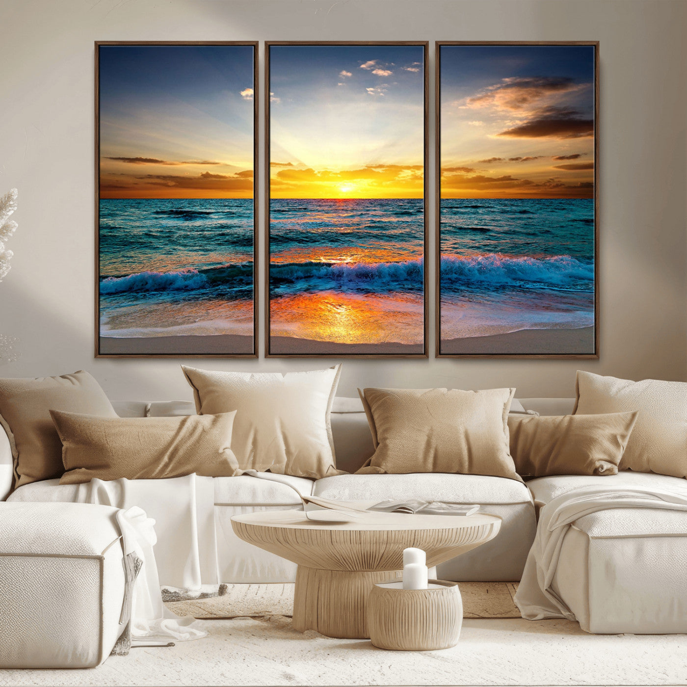 50627-MGV-CV-36X24-Ocean Sunset Wall Art – Serene Beach Canvas Print with Waves and Golden Sky, Coastal Decor for Living Room or Office
