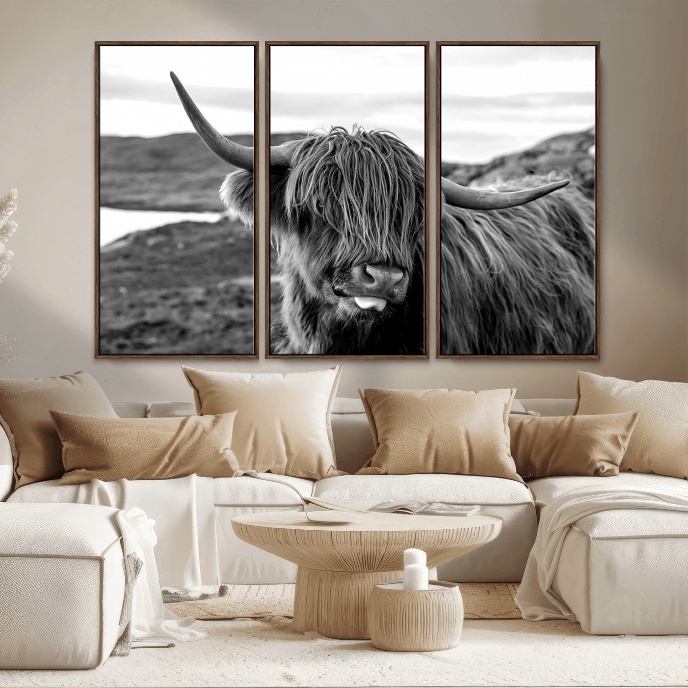 83810-MGV-CV-36X24-Highland Cow Wall Art – Black and White Highland Cattle Print, Rustic Farmhouse Animal Decor for Living Room