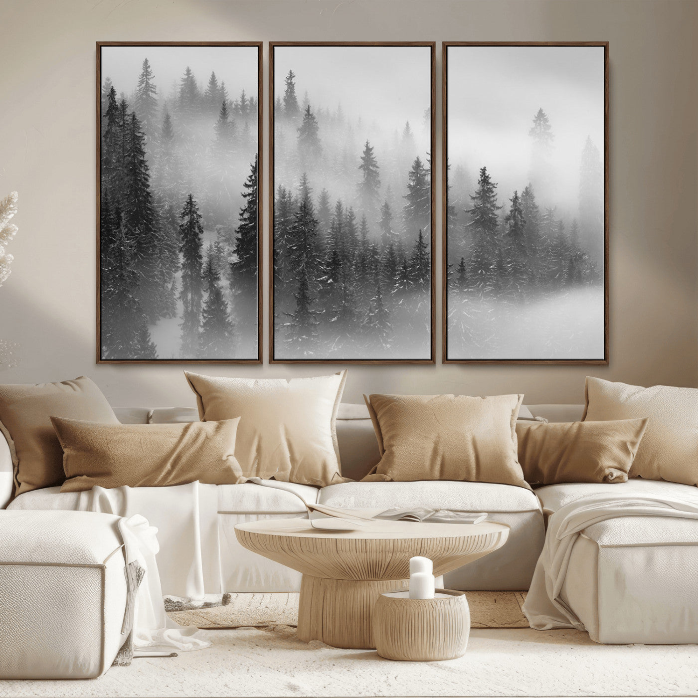57235-MGV-CV-36X24-Misty Pine Forest Wall Art – Black and White Mountain Landscape Canvas Print, Nature Woodland Decor for Living Room, Bedroom or